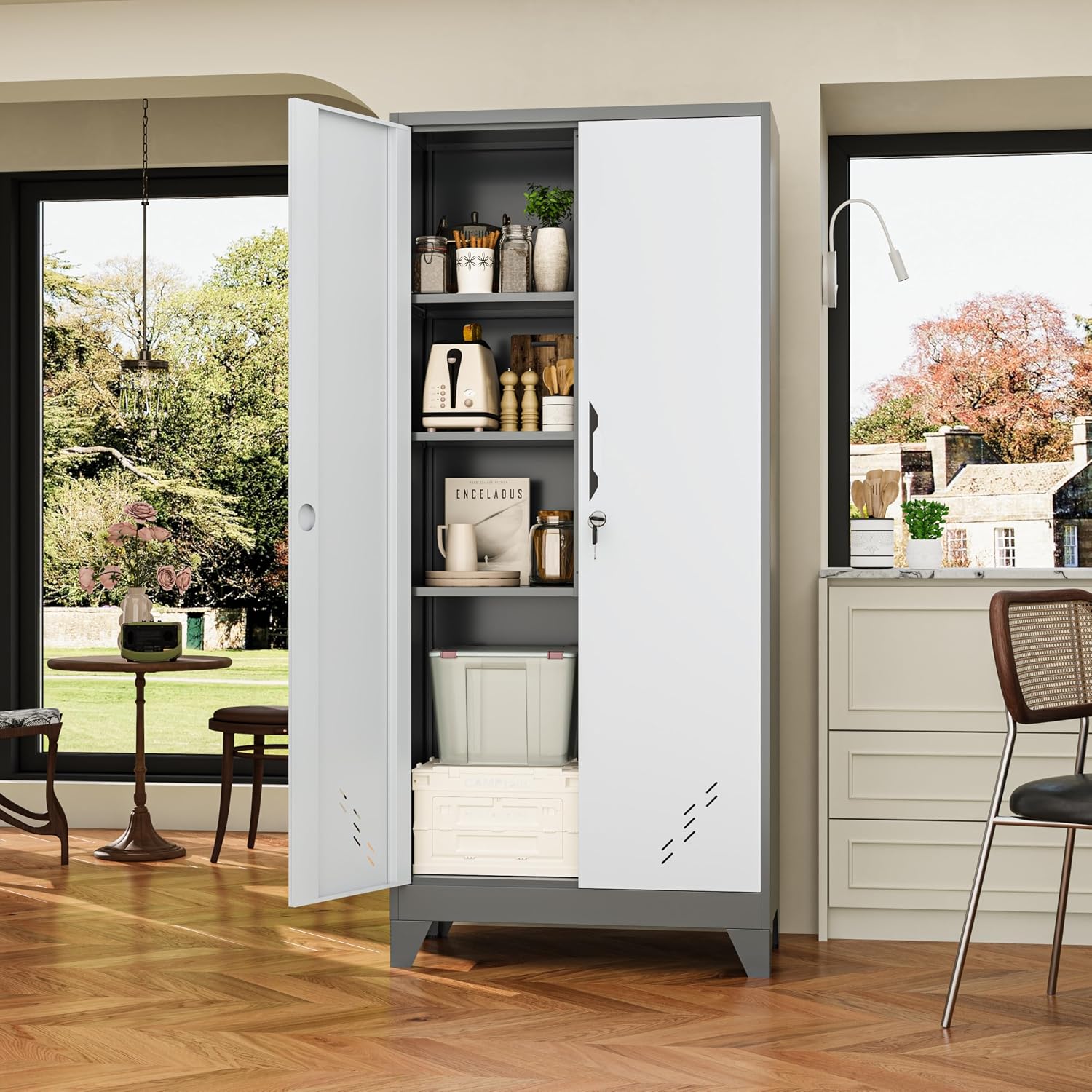 Storage Cabinet 61' H, Locking Cabinet with Doors and Shelves, Metal Pantry Cabinets for Tool Organization,Gray White Cabinet with Removable Pegboard for Garage,Utility Room,Office