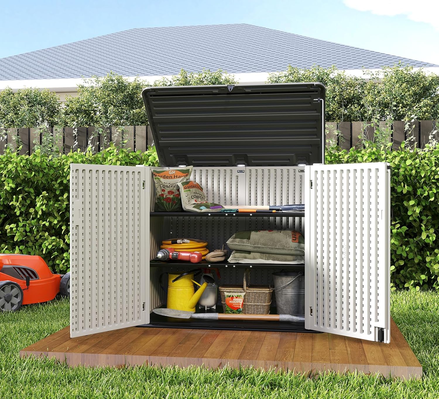 HOMSPARK Storage Shed Weather Resistance, Multi-Purpose Outdoor Storage Cabinet for Backyards and Patios, Horizontal Storage Shed for Lawnmower, Patio Accessories (Off-White, Large - 48 cu.ft)