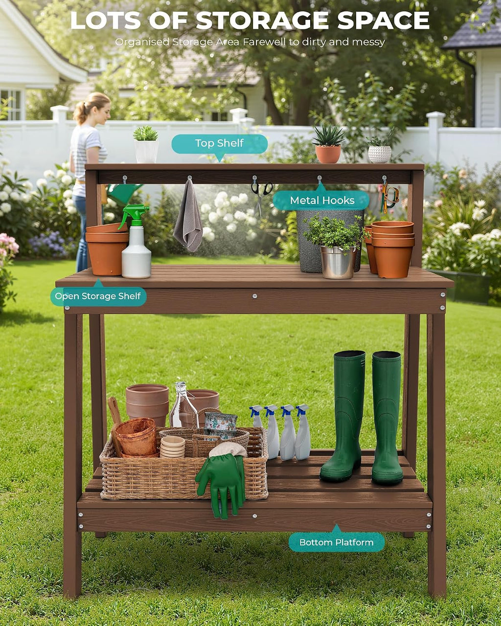 SERWALL Potting Bench Outdoor with Storage, 3-Tier HDPE Gardening Table with Angled Legs & Tool Hooks, All-Weather Heavy Duty Potting Table for Patio, Backyard, Garden, Brown
