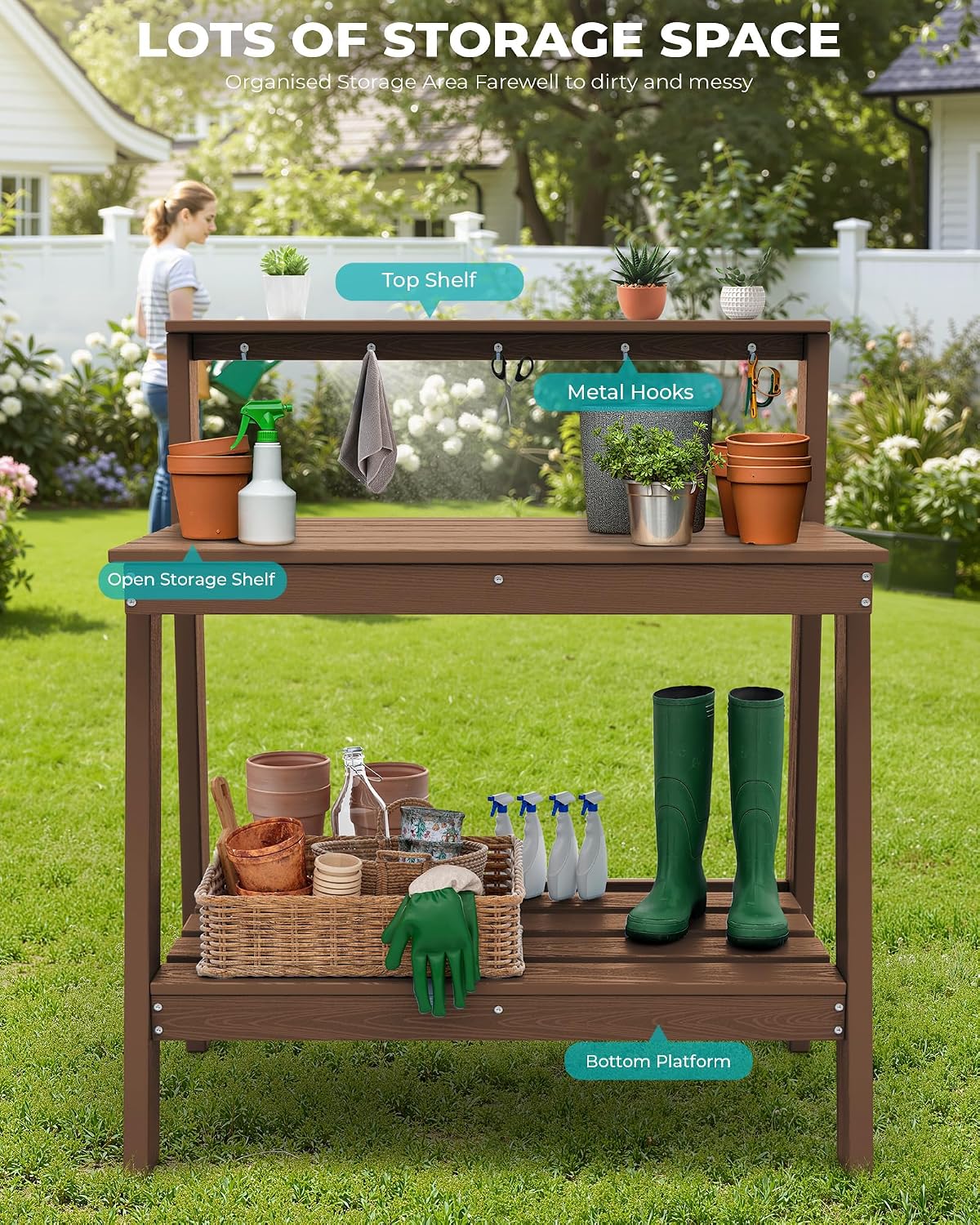 SERWALL Potting Bench Outdoor with Storage, 3-Tier HDPE Gardening Table with Angled Legs & Tool Hooks, All-Weather Heavy Duty Potting Table for Patio, Backyard, Garden, Brown