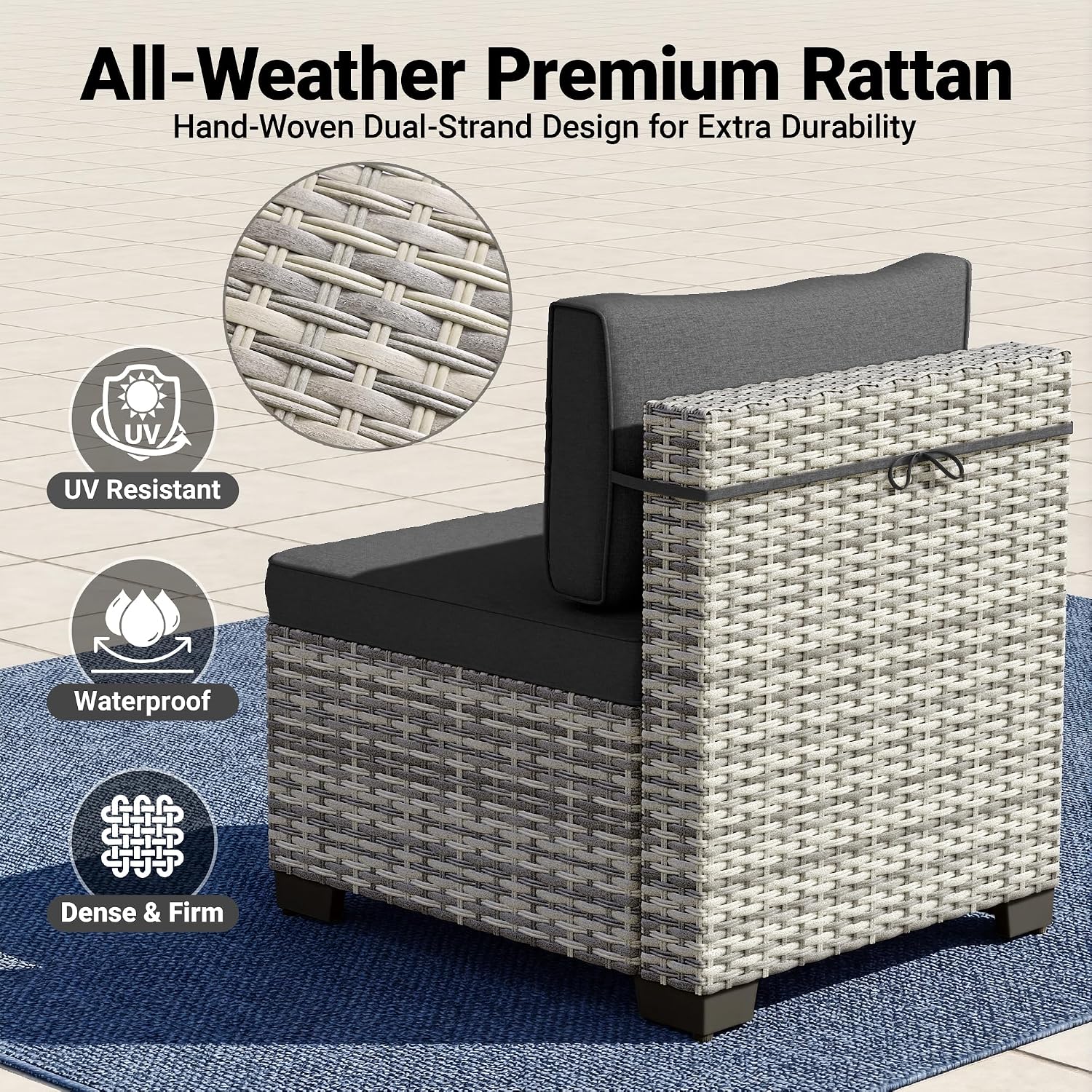 14-Piece Patio Furniture Set, Outdoor Sectional with Thick Cushions, Modular Patio Sofa, Dual-Strand Wicker Rattan, Rust-Resistant Frame, Backyard Furniture for Garden, Deck, Black