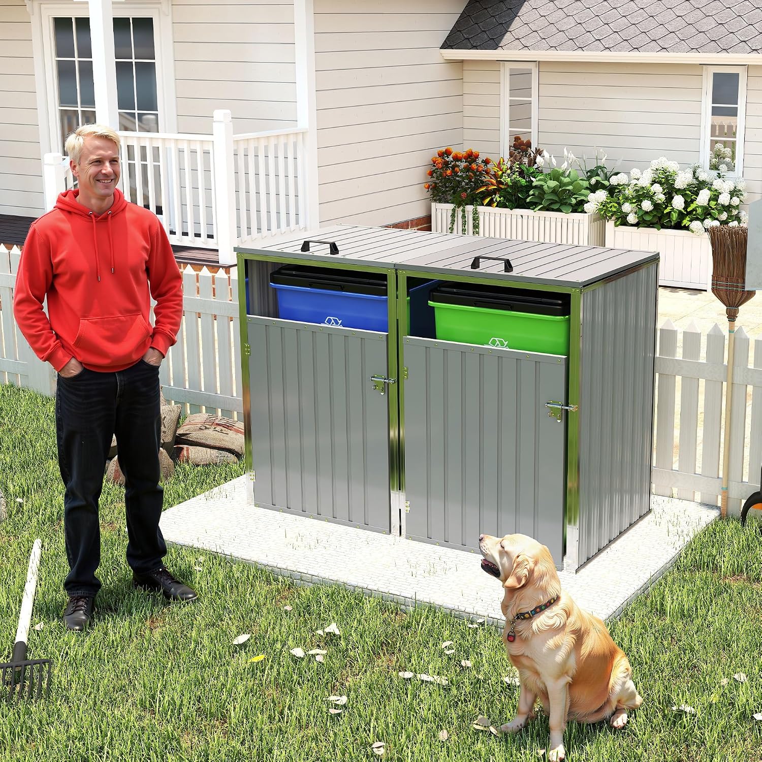 Outdoor Trash Can Storage, Garbage Bin Shed Stores 2 Trash Cans with Pneumatic Support Rod, 54 Cubic feet of Space, Metal Outdoor Storage Shed for Garbage Cans, Garden, Backyard, Patio, Light Gray