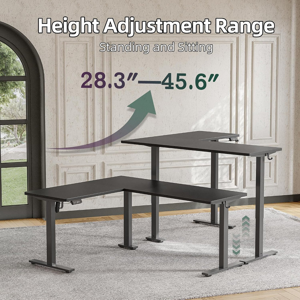 TIQLAB Standing Desk L Shaped, 63x55 Inch Adjustable Height Electric Stand Up Desk, Corner Standing Table with Hooks, Sit Stand Desk with Splice Board, Black