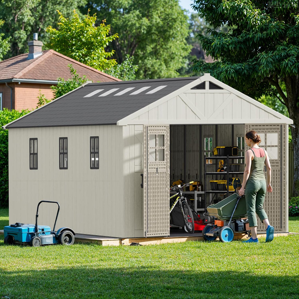 Patiowell 10 x 16 FT Outdoor Storage Shed, Plastic Shed with Floor and Skylight, Resin Storage Shed with Four-Window and Lockable Door for Garden, Patio, Backyard, Beige