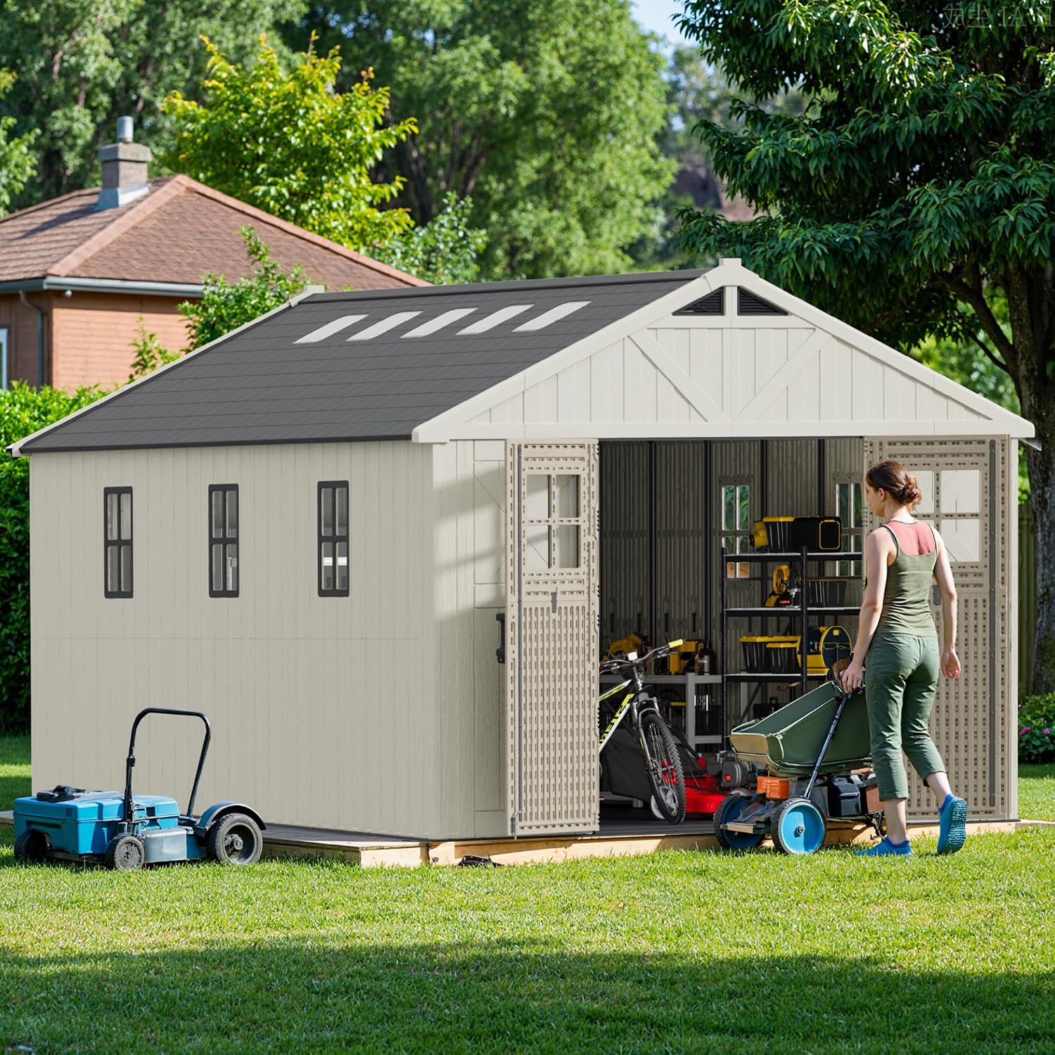 Patiowell 10 x 16 FT Outdoor Storage Shed, Plastic Shed with Floor and Skylight, Resin Storage Shed with Four-Window and Lockable Door for Garden, Patio, Backyard, Beige