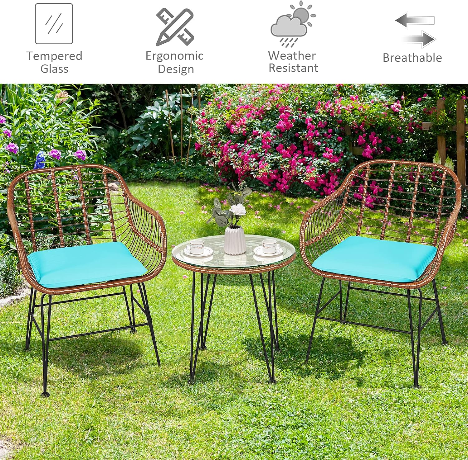 COSTWAY 3 Pieces Patio Bistro Set, Outdoor Rattan Conversation Seating Chair Set with Coffee Table & Soft Cushions, Indoor Wicker Furniture Set for Garden, Balcony, Porch, Pool, Turquoise