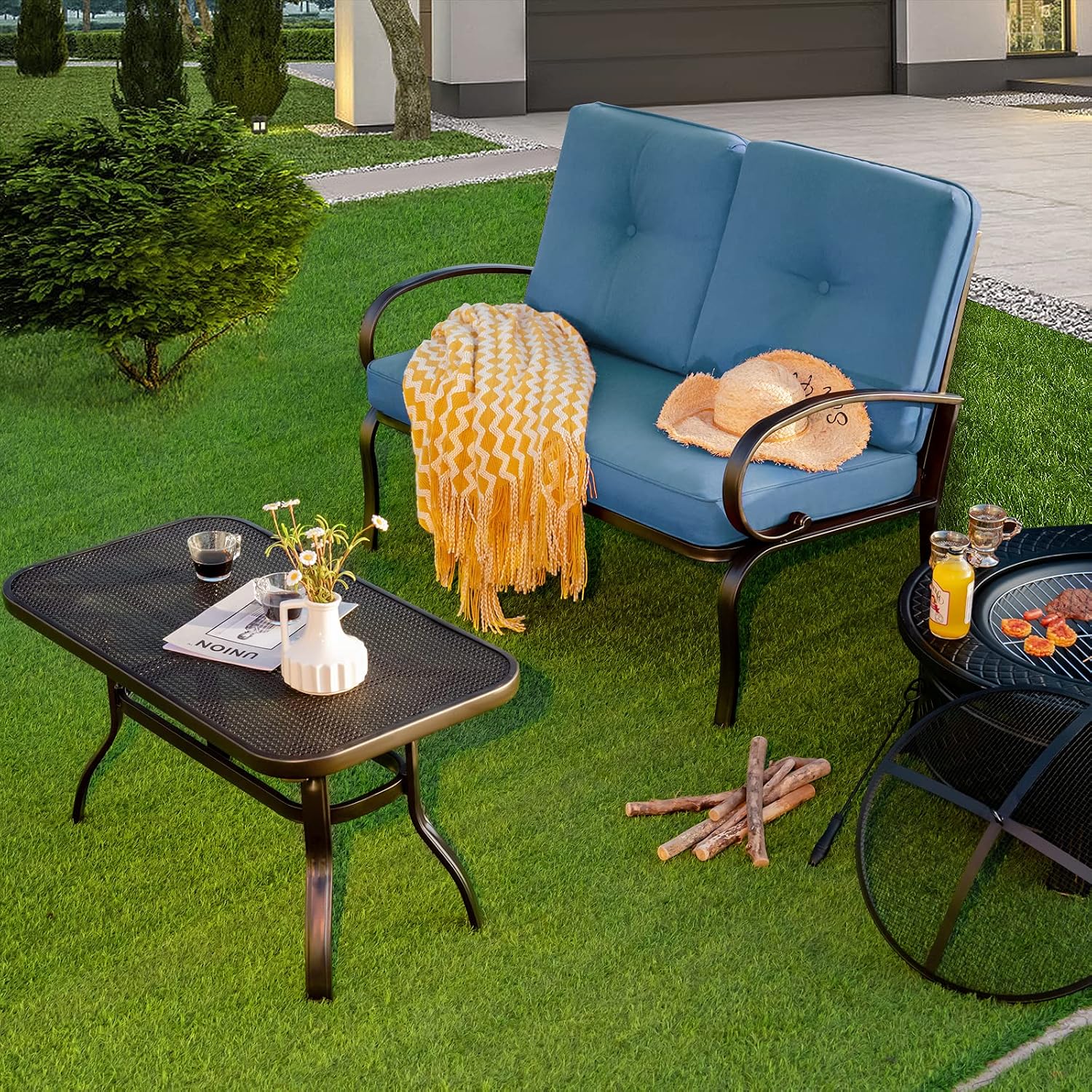 Giantex Patio Loveseat with Coffee Table Outdoor Bench with Cushion and Metal Frame, Loveseat Porch Furniture Set Sofa for Garden, Yard, Patio or Poolside (Navy & Black)
