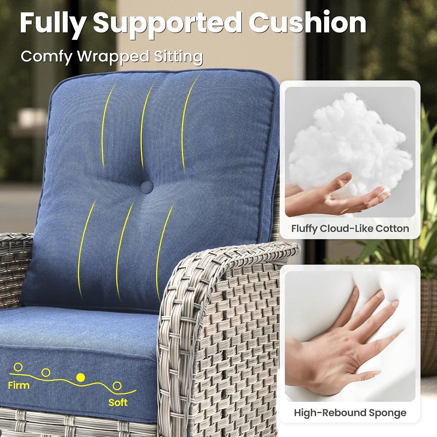 ovios 8-Piece Patio Furniture Set with L-Shape Sofa Chaise, Outdoor Sectional Couch Swivel Gliders Fire Pit Table, Modern Modular Wicker Rattan Conversation Set, Denim Blue