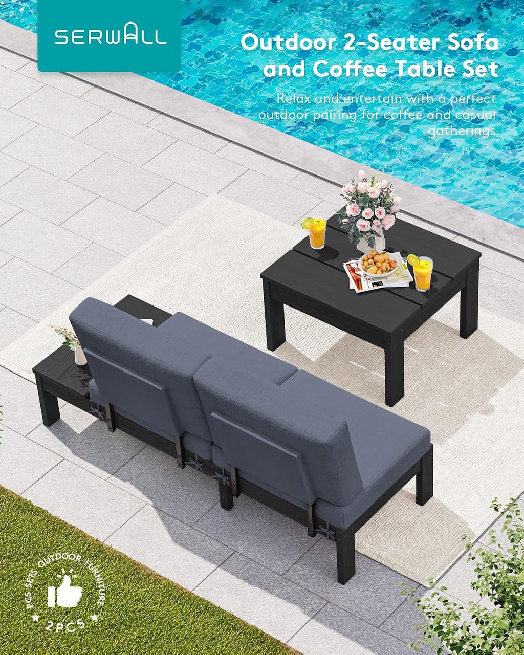 SERWALL HDPE Outdoor Furniture Set, 2 Seats Outdoor Sectional with Coffee Table, All Weather Patio Sofas, Outdoor Conversation Sets with Adjustable Backrest Sofa for Backyard, Garden, Black with Grey