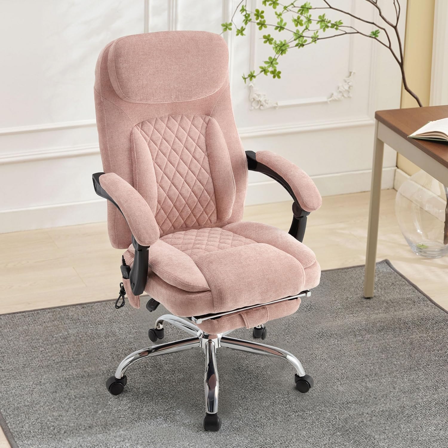 6-Point Massage Office Chair with Heated, Ergonomic Office Chair with Footrest & 45°Reclining High Back, Big and Tall Executive Office Chair 500LBS, Thick Cushion Desk Chair for Home Office, Pink