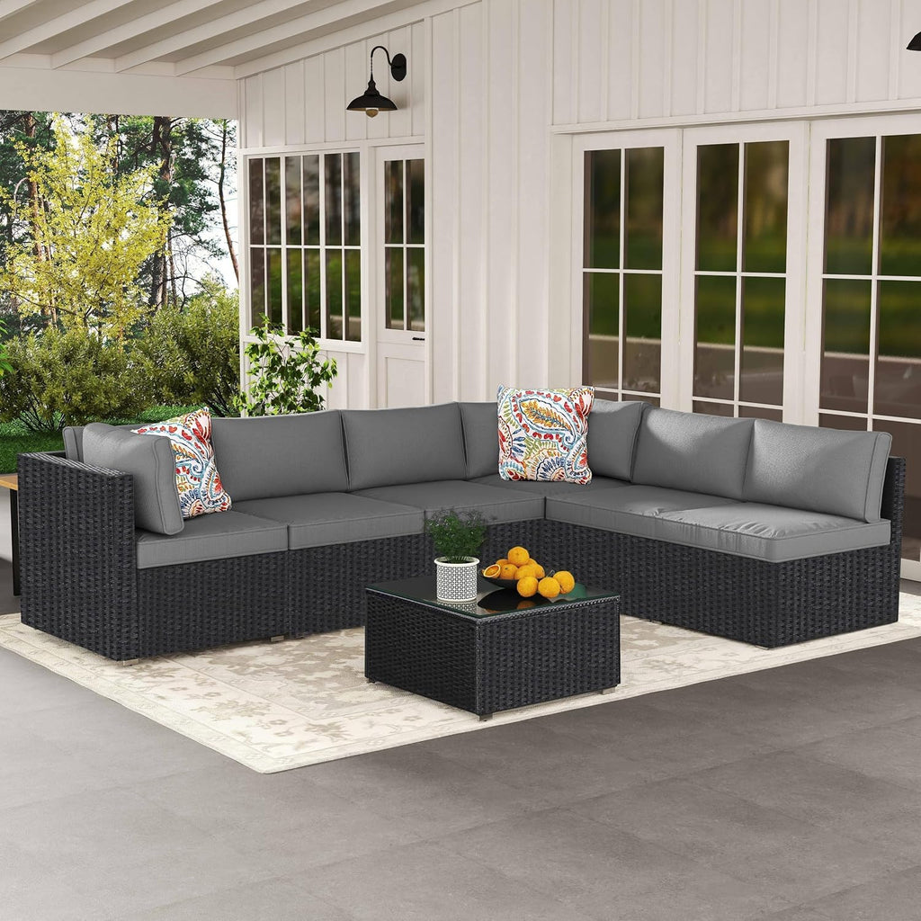 7-Piece Outdoor Patio Furniture Set, Outdoor Couch - Handwoven All-Weather Rattan & 4' Thick Waterproof Cushions, Wicker Outdoor Conversation Sets with Coffee Table for Backyard, 2026, Black/Grey