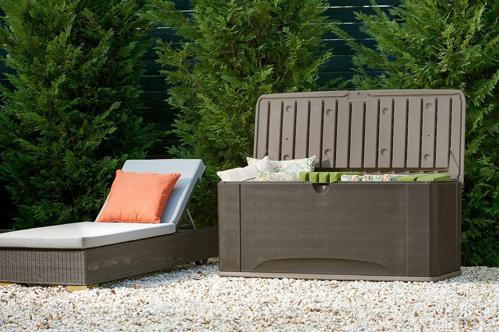 Rubbermaid Extra Large Resin Outdoor Storage Deck Box with Seat (120 Gal), Weather Resistant, Brown, Deck Organization for Home/Backyard/Pool Chemicals/Toys/Garden Tools/Porch/Patio Cushions