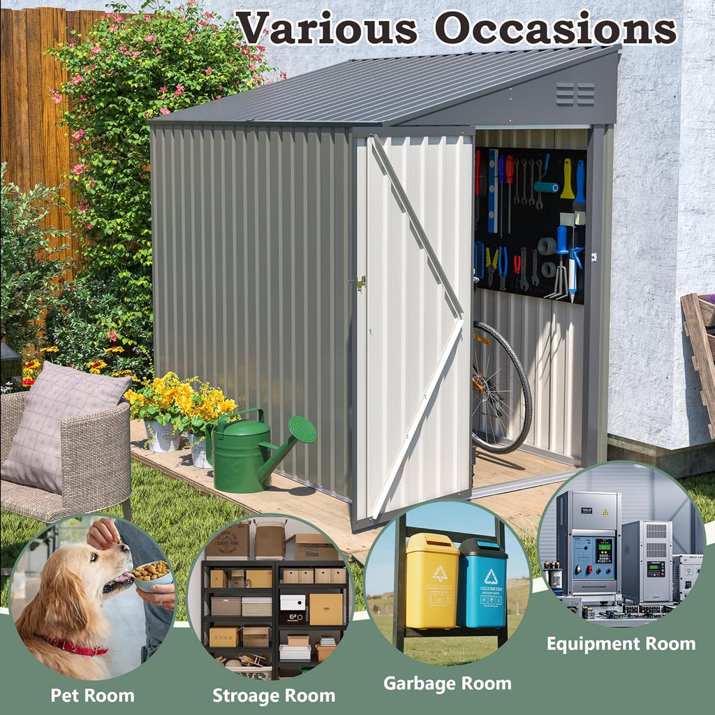 4 × 7 FT Lean to Storage Shed, Outdoor Metal Wall Side Bike Mower Sheds & Outdoor Storage Cabinet, Lockable Tool Organization Shed for Garden Patio