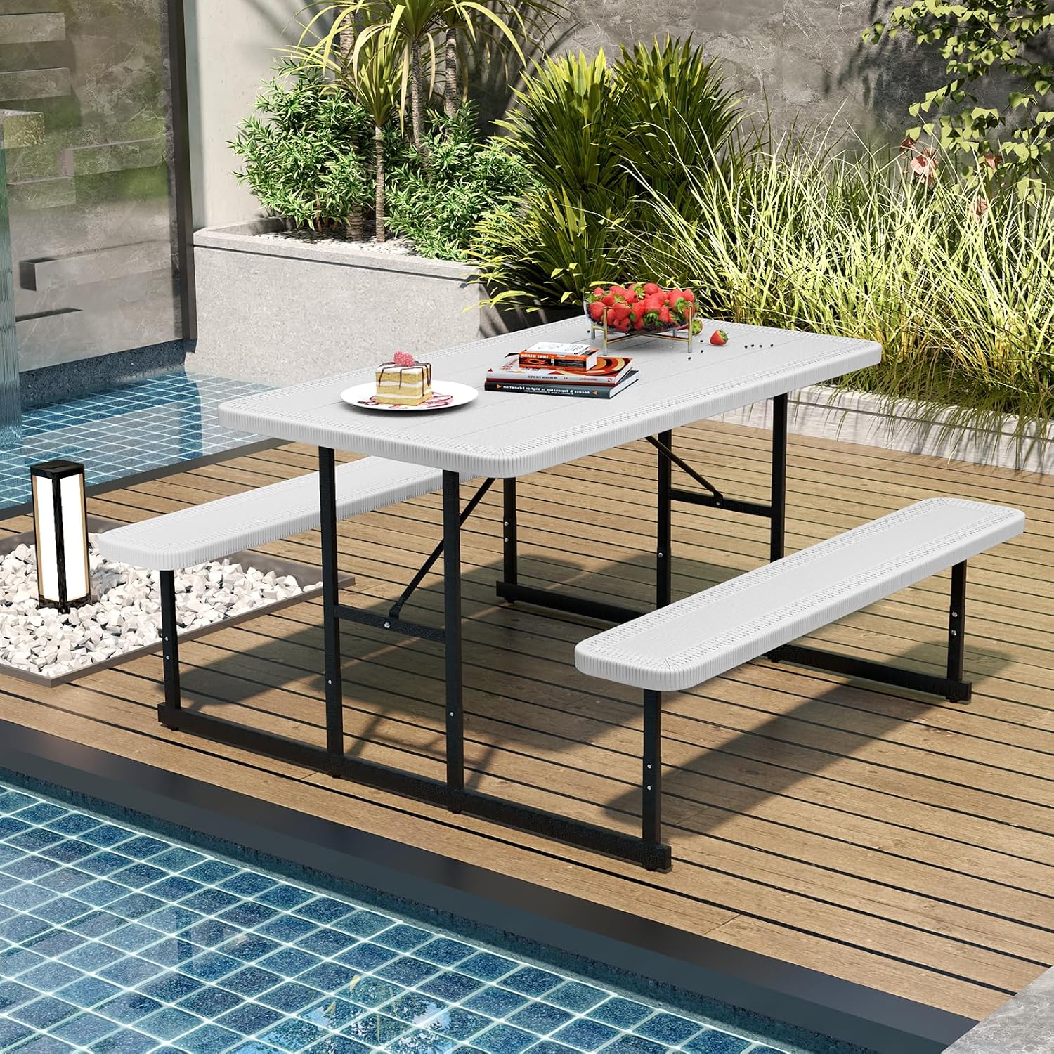 Giantex Picnic Table Bench Set for 4 People, 4.5FT Outdoor Rectangular Dining Table & 2 Benches w/Umbrella Hole, HDPE Tabletop, Metal Frame, Patio Garden Backyard Poolside (4.5FT,Non-Foldable,White)