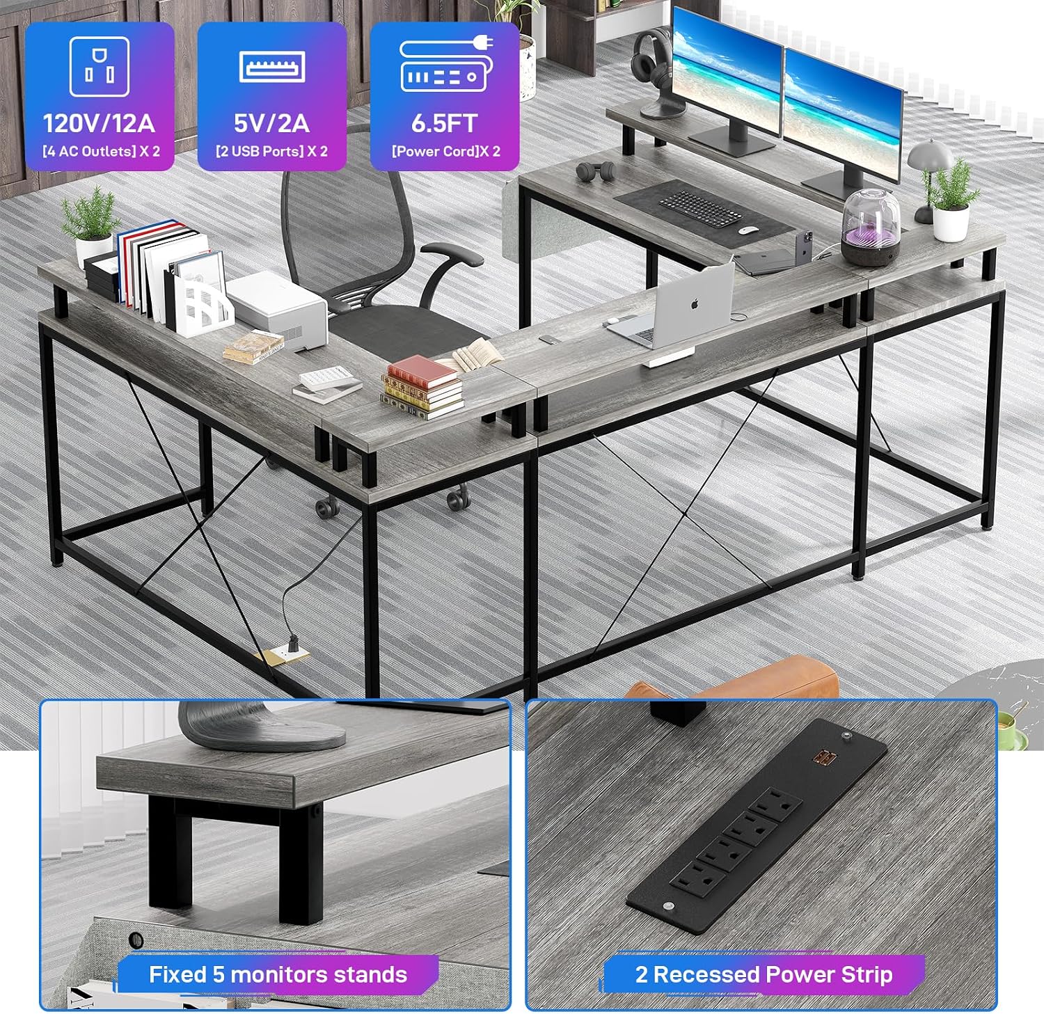 Garvee 79 Inch u Shaped Computer Desk,Large Gaming Desk with Power Outlets & LED Lights,Reversible l Shaped Desk for Home Office Work and Gaming,Gray