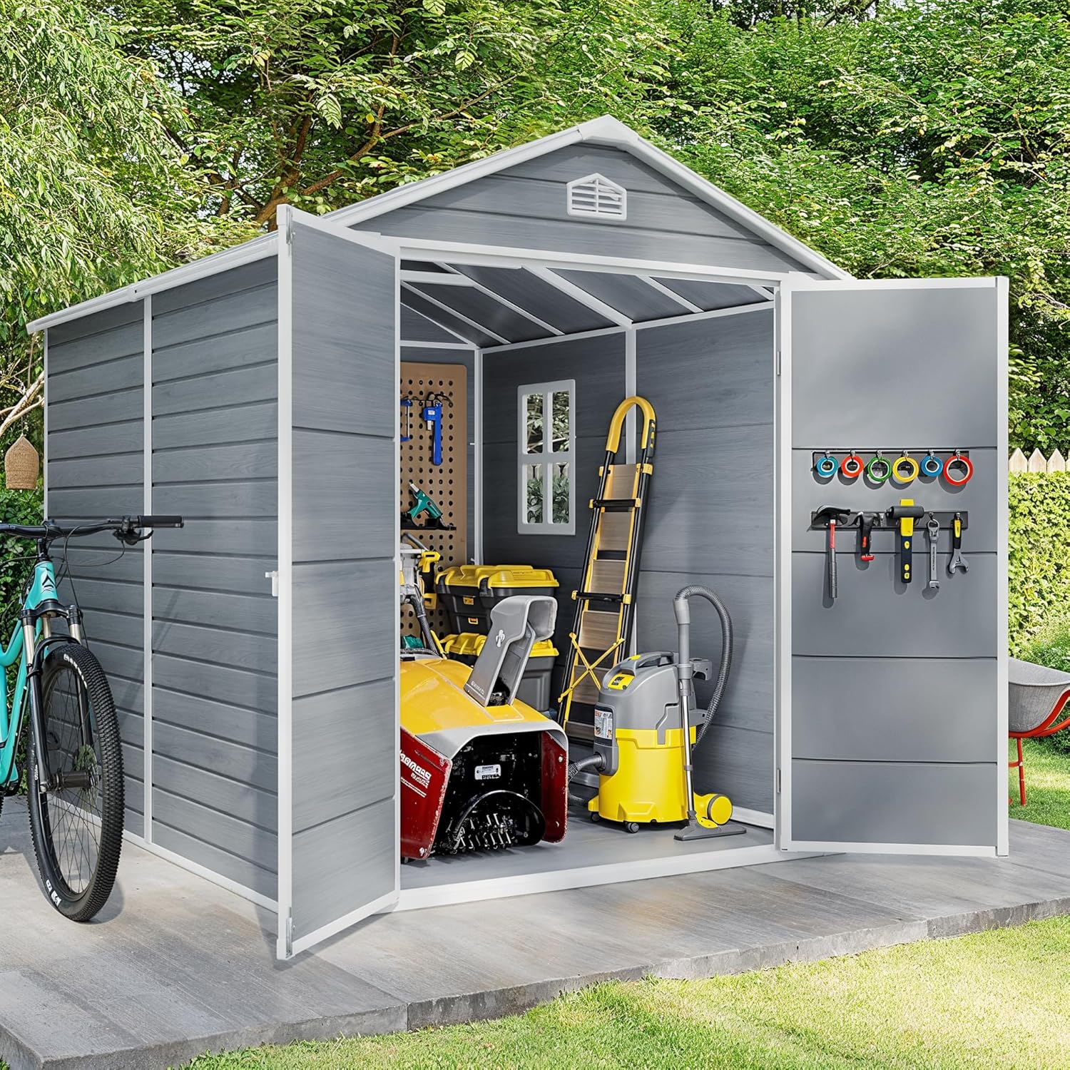 Gizoon 8x6 FT Outdoor Plastic Storage Shed with Reinforced Steel Frame, All-Weather Waterproof Resin Construction, Lockable Doors, Included Floor and Window for Backyard, Garden, Patio