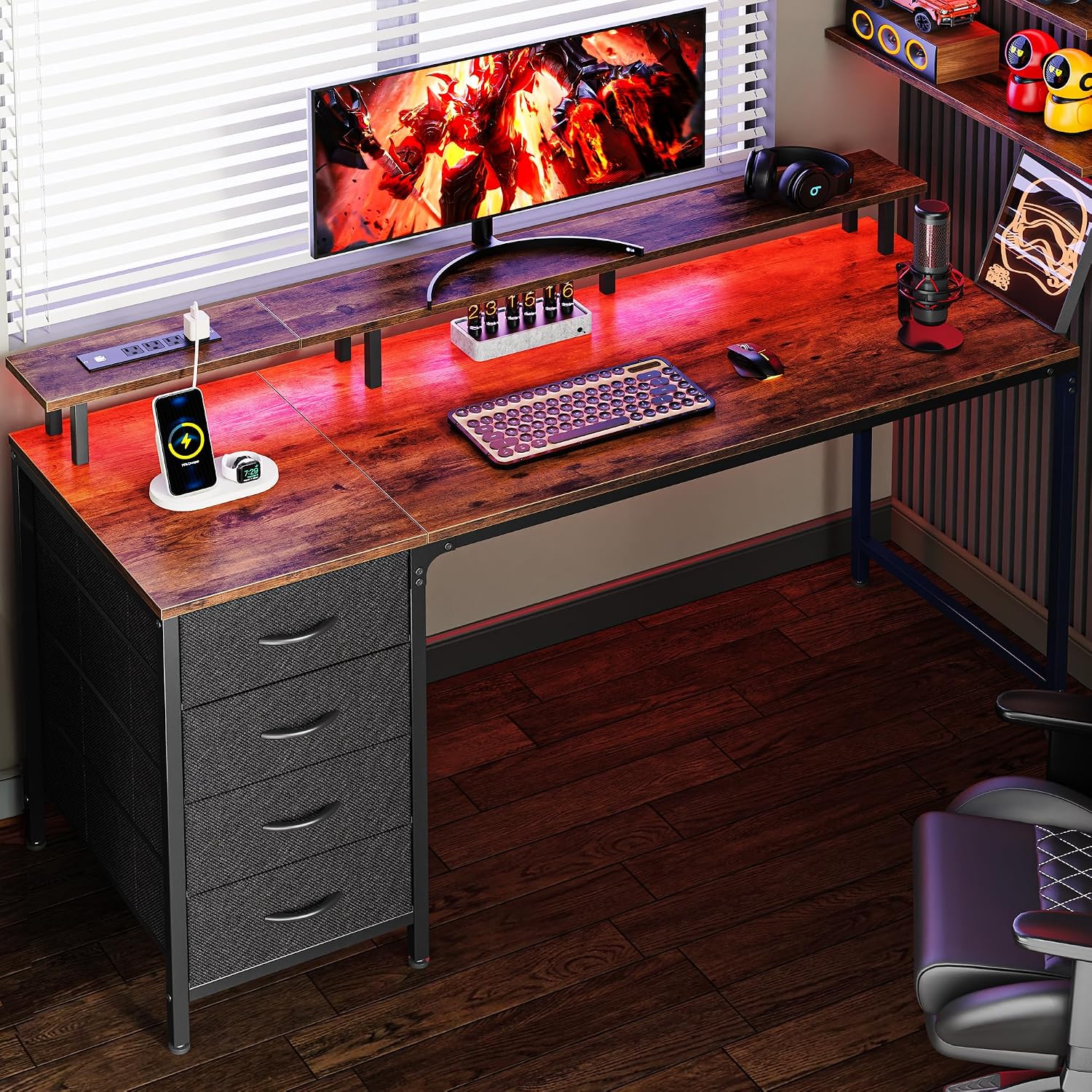 Huuger 55 Inch Computer Desk with Power Outlets and LED Lights, Gaming Desk with 4 Drawers, Office Desk with Monitor Stand, Study Work Home Office, Rustic Brown