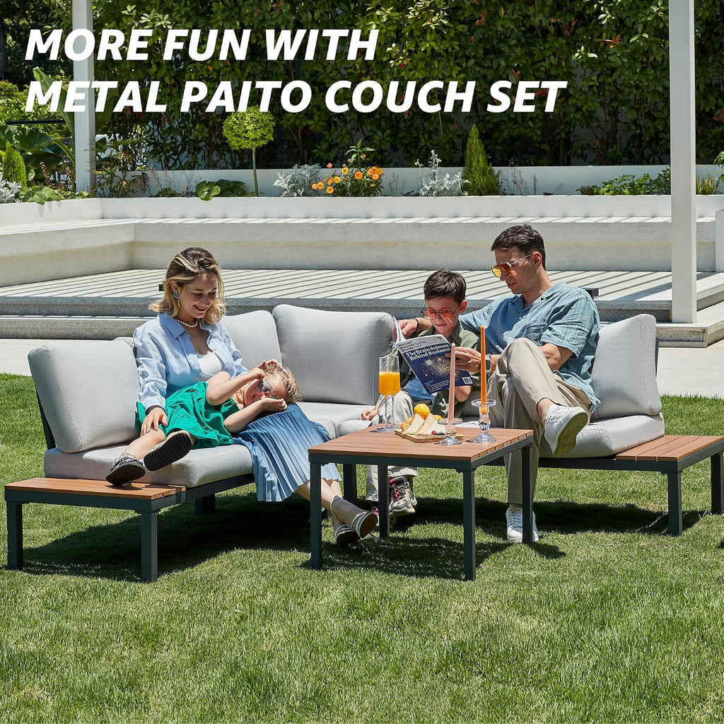 NATURAL EXPRESSIONS Patio Furniture Sets, L Shape Patio Sectional Metal Outdoor Sectional Corner Sofa Outdoor Couch with Detachable Backrest,3 Fauxwood Tables,5' Grey Olefin Cushions