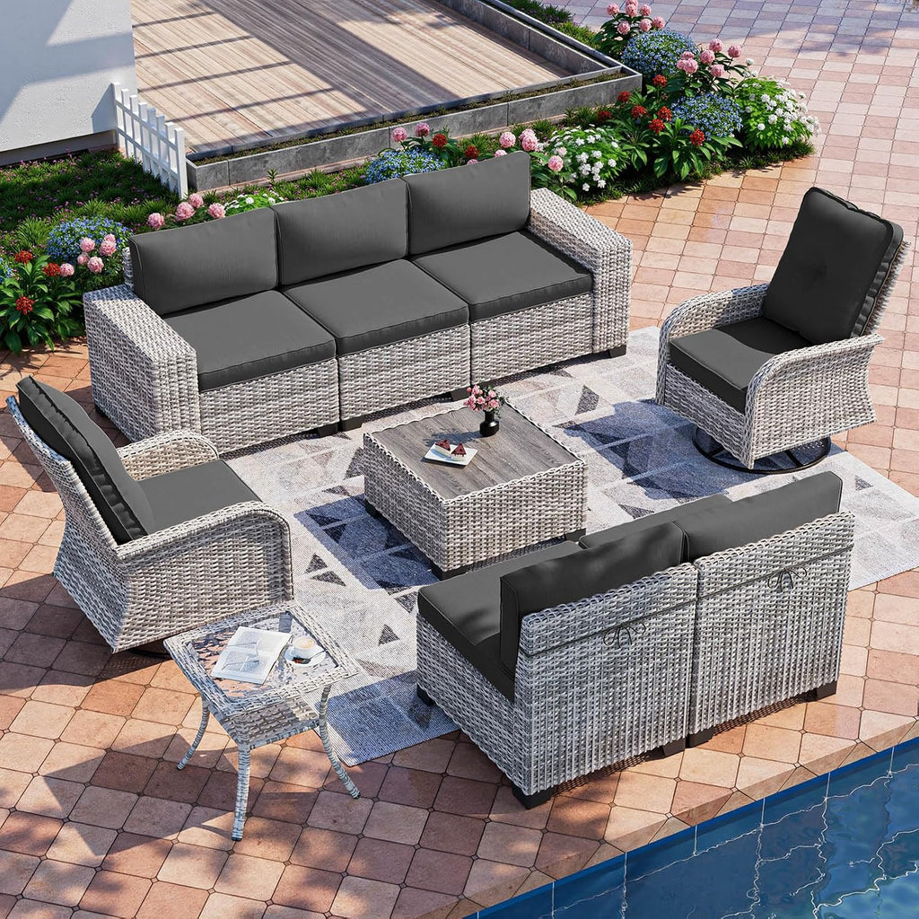 9-Piece Outdoor Patio Furniture Set with Rocking Swivel Chair Wicker Sectional Sofa Set, Patio Conversation Set with Thickened Cushions & Coffee Table for Garden, Backyard, Dark Grey