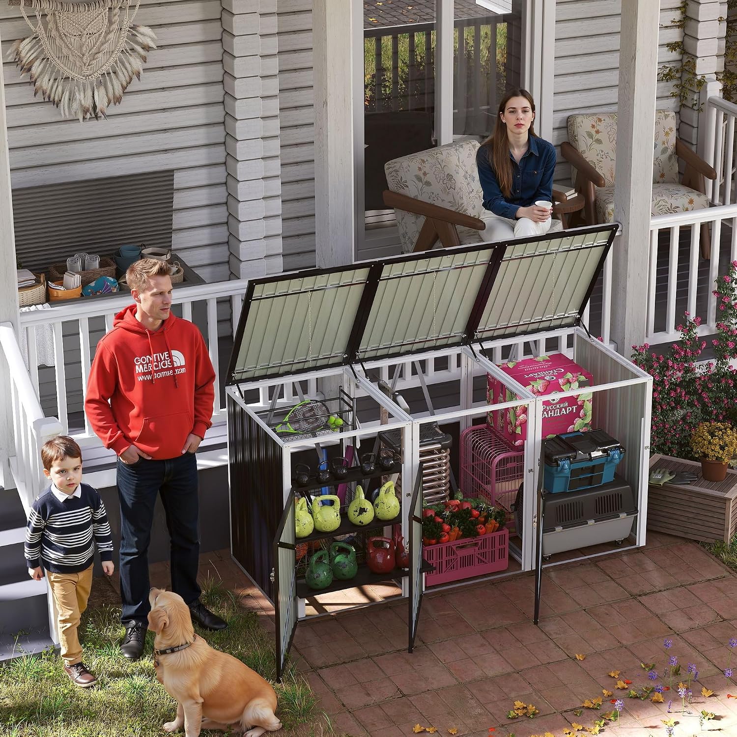 Outdoor Trash Can Storage, Garbage Bin Shed Stores 3 Trash Cans with Pneumatic Support Rod & Lockable Doors, Metal Outdoor Storage Shed for Garbage Cans, Garden, Backyard, and Patio, Grey