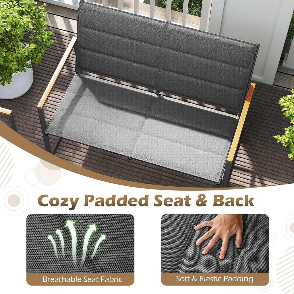 Tangkula 4 Piece Patio Furniture Set, Outdoor Metal Conversation Set with Padded Fabric Seat & Wood-Plastic Armrests, Sectional Sofa Set with Tempered Glass Coffee Table for Backyard, Porch (Gray)