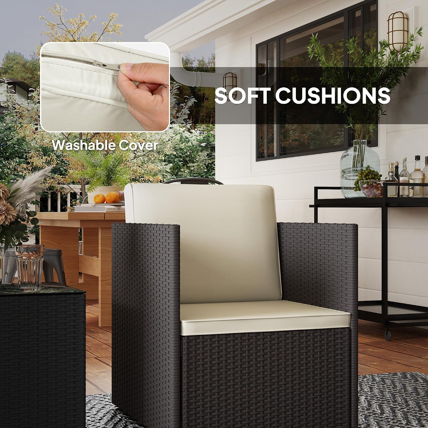 Outsunny 3 Piece Patio Furniture Set, Folding Outdoor Wicker Bistro Set with Washable Cushions, Adjustable Feet, and Glass Coffee Table, Easy Assembly for Garden, Balcony, Poolside, Backyard, Brown