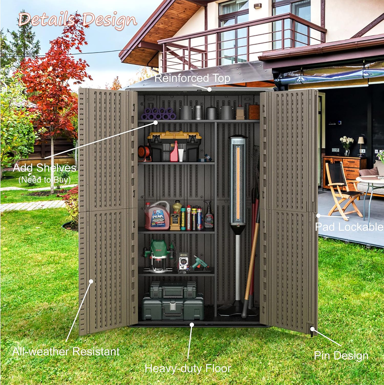 Mrosaa Sheds & Outdoor Storage, 52 Cu.ft Vertical Storage with Floor, Cabinet Waterproof for Garage Pool Bike Shed, Garden , Coffee Brown