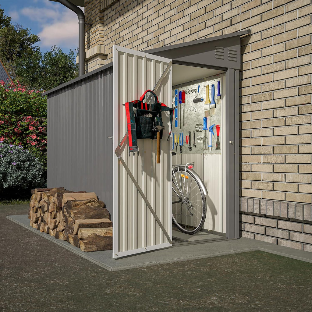 YOPTO 4x8 FT Lean to Metal Shed,Outdoor Storage Shed W/Floor Frame & Reversible Installation,All Weather Waterproof Garden Tool House W/Lockable Door & 2 Air Vents,for Backyard,Patio,Lawn,Gray