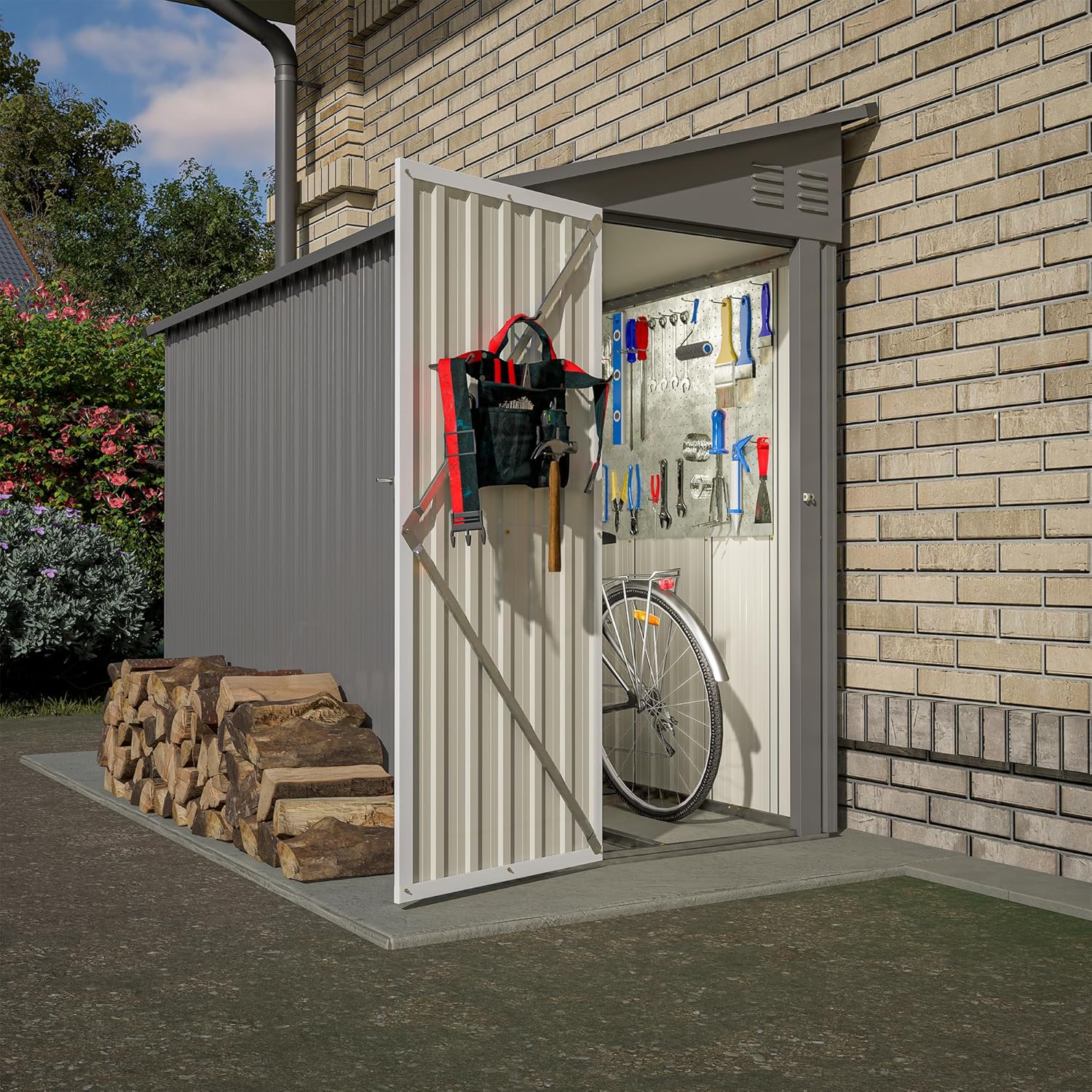 YOPTO 4x8 FT Lean to Metal Shed,Outdoor Storage Shed W/Floor Frame & Reversible Installation,All Weather Waterproof Garden Tool House W/Lockable Door & 2 Air Vents,for Backyard,Patio,Lawn,Gray