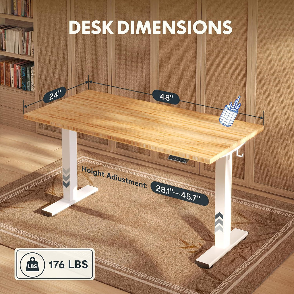 FLEXISPOT Solid Wood Standing Desk, One-Piece Real Wood Desktop, Electric Height Adjustable Desk for Home Office, 176 LBS Capacity (48'x24' Bamboo, White Frame)