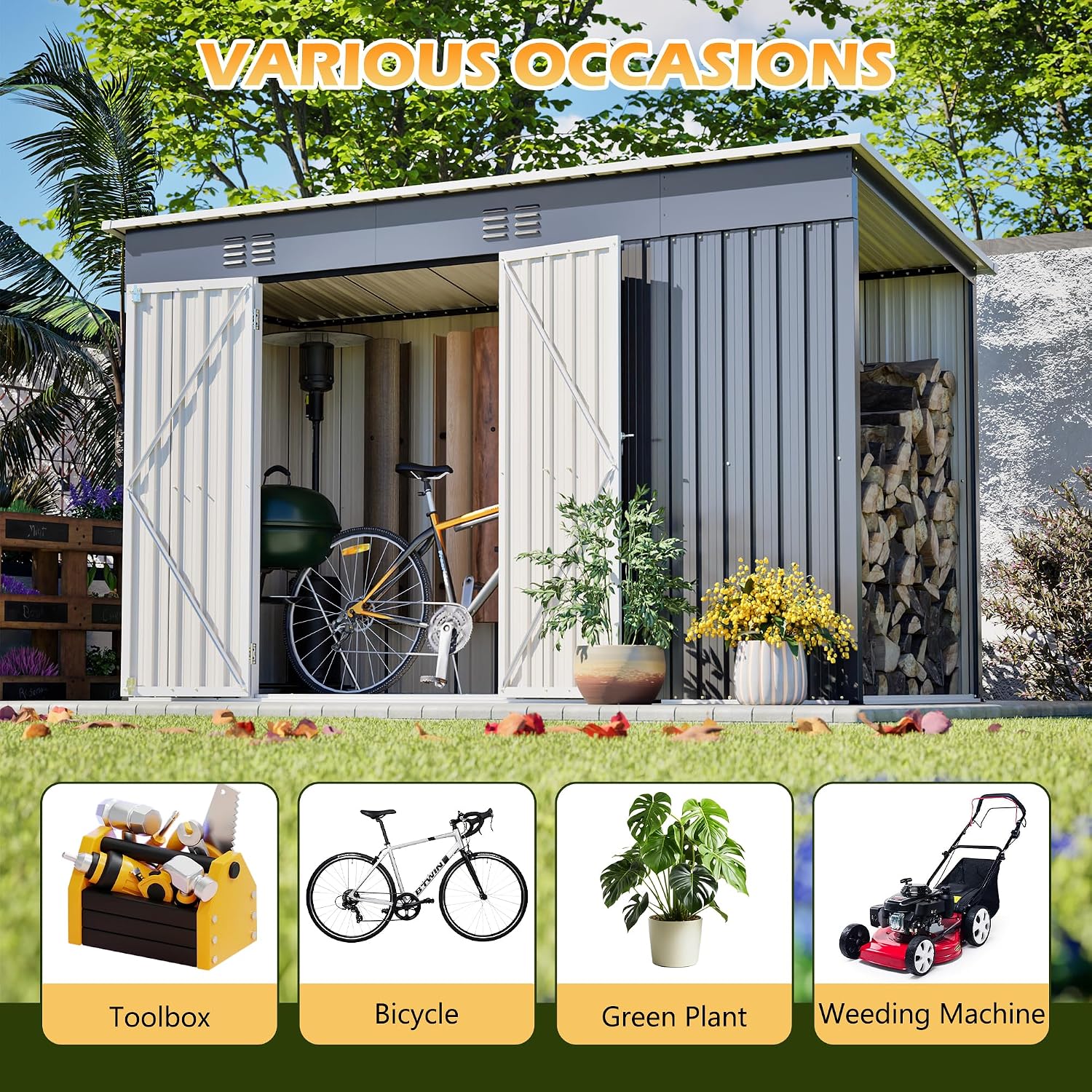 YOPTO 4x10 FT Outdoor Storage Shed with Floor,Metal Shed W/Log Store,Garden Tool Storage House W/Lockable Door & Sloped Roof,for Backyard,Patio,Lawn,Gray