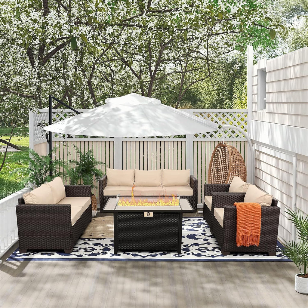 Rattaner 5-Piece Outdoor Patio Furniture 45 in Outdoor Fire Pits Patio Furniture Set 60000 BTU Outdoor Propane Fire Pit No-Slip Cushions Waterproof Covers, Khaki