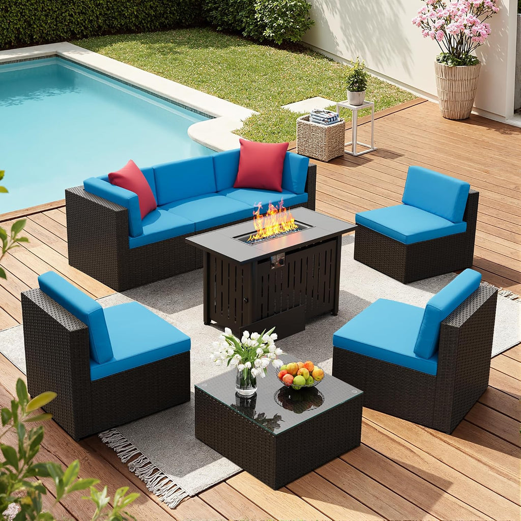 Flamaker 8 Pieces Patio Furniture Set with Fire Pit Table Outdoor Sectional Patio Sofa Furniture Set with Gas Fire Pit and Coffee Table & Ottoman Cushion Pillows, Blue