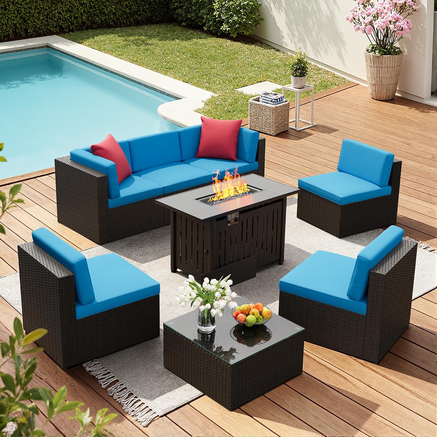Flamaker 8 Pieces Patio Furniture Set with Fire Pit Table Outdoor Sectional Patio Sofa Furniture Set with Gas Fire Pit and Coffee Table & Ottoman Cushion Pillows, Blue