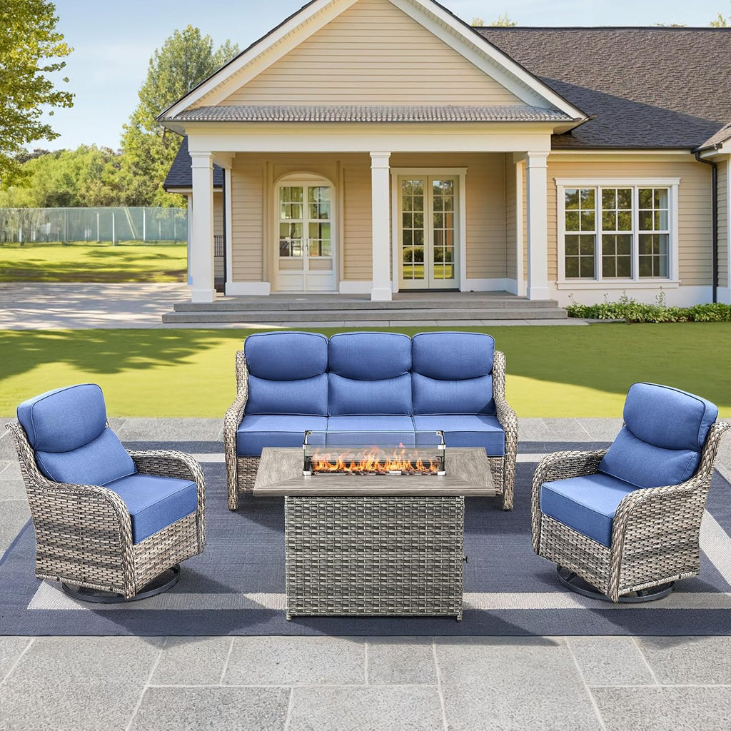 Luxury High Back Outdoor Furniture 6-Inch Thick Cushions with 50,000 BTU Gas Propane Fire Pit Tablet, Patio Furniture Set with Swivel Chairs, for Porch, Balcony, Deck and Yard