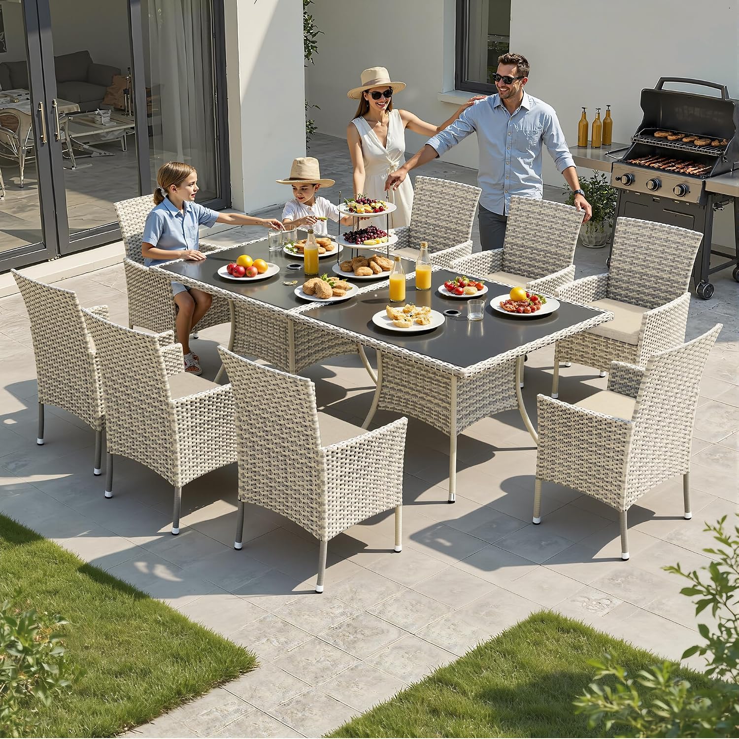 10-Piece Patio Dining Set, Patio Furniture Set with Square Tempered Glass Table & 8 Wicker Chairs, Expandable Design for Larger Groups, Outdoor Furniture for Backyard, Deck, Garden, Beige