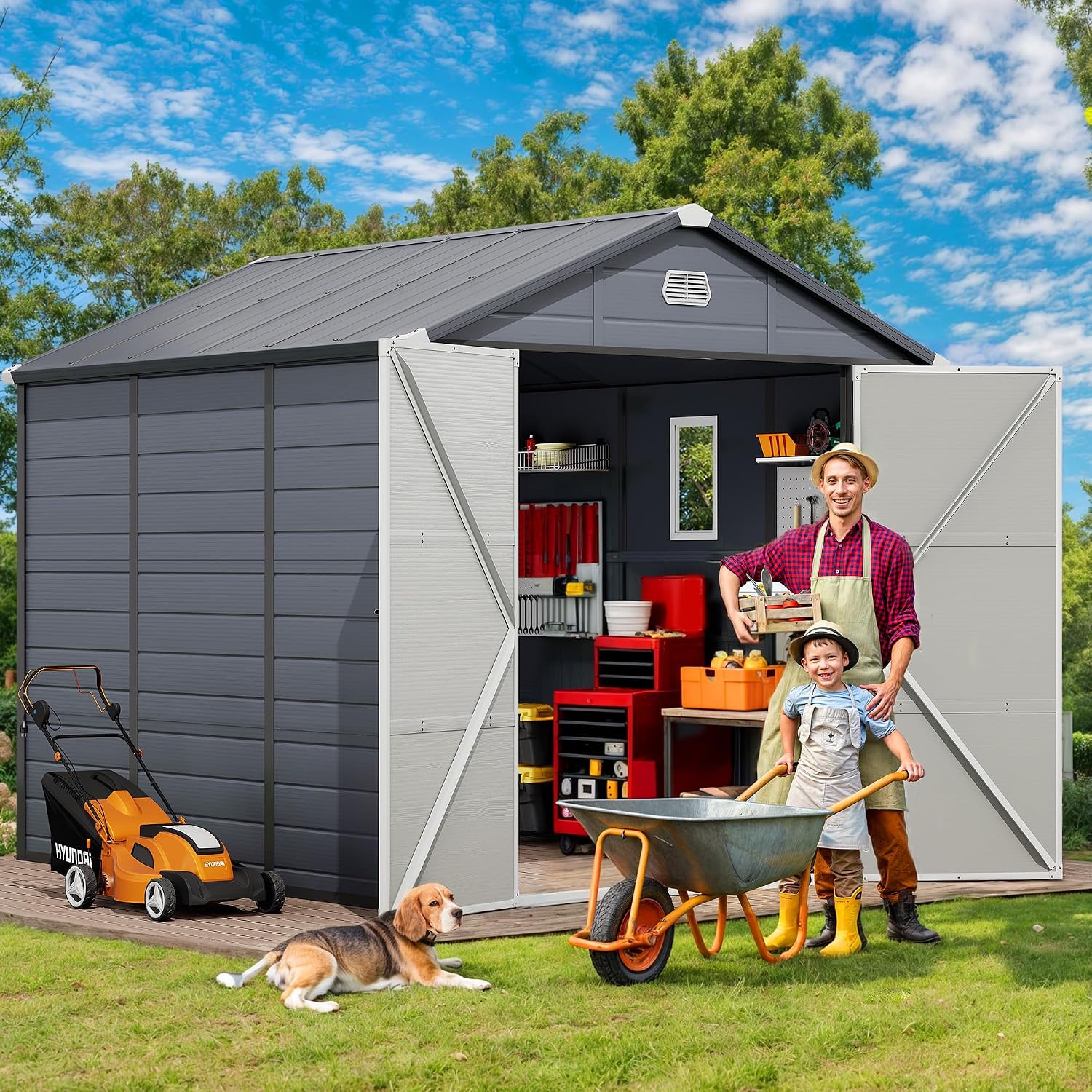 DWVO 8x9FT Outdoor Storage Shed w/o Floor, All-Weather Plastic Shed with Window, Lockable Doors & Vents, Plastic Tool Shed for Backyard Patio Lawn, Gray