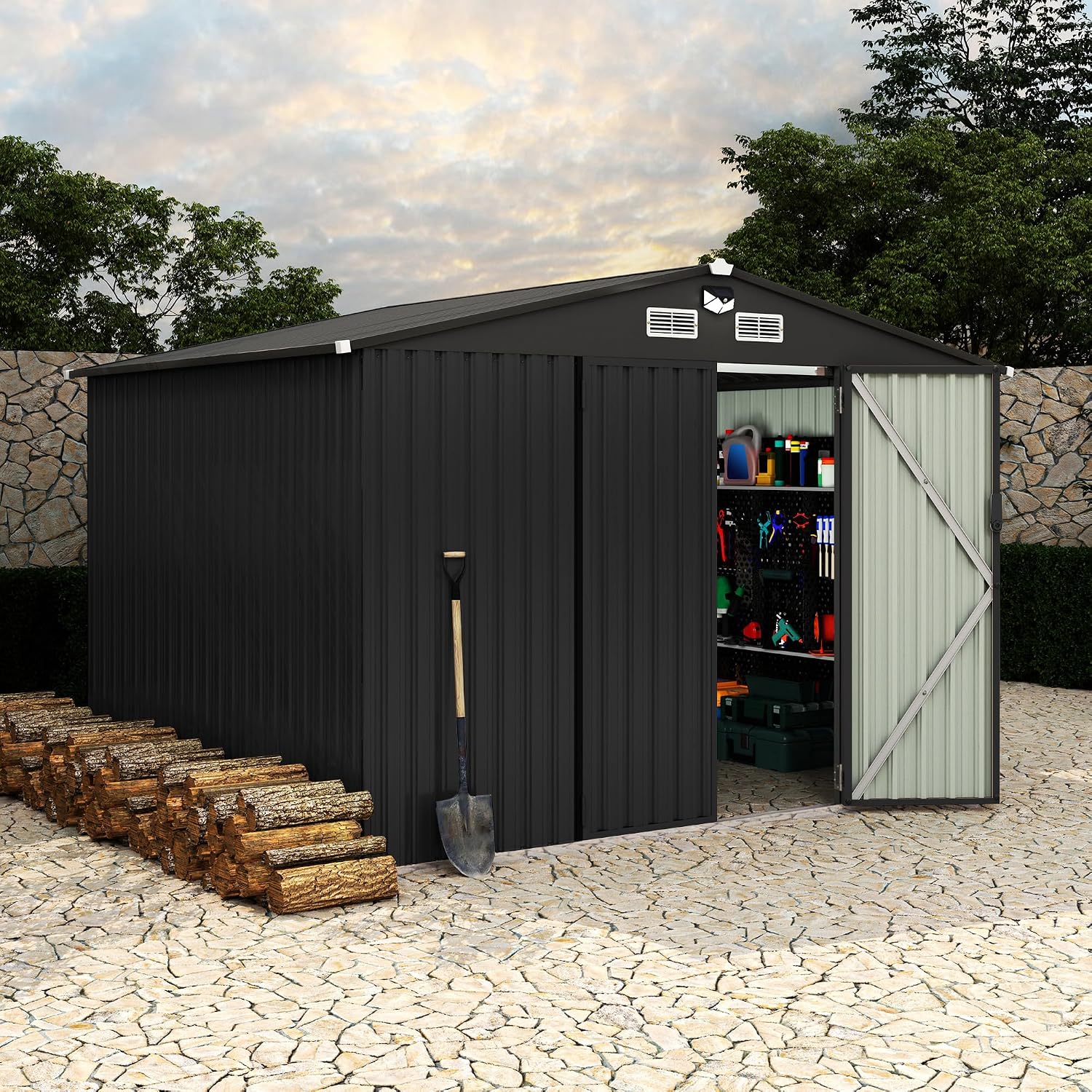 Metal Outdoor Storage Shed Kit, Lockable Door Utility Shed with Air Vent for Backyard Garden Patio Lawn
