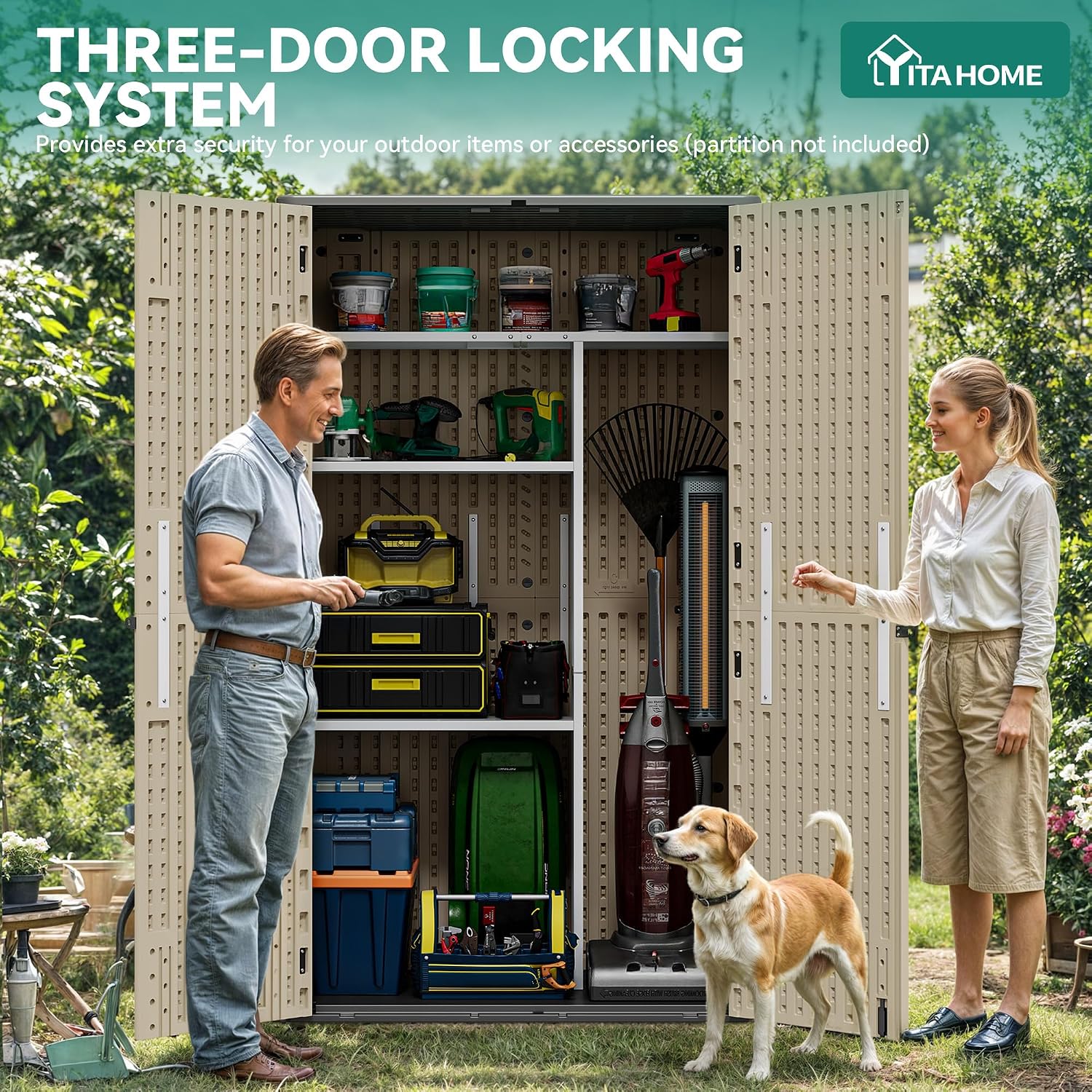 YITAHOME 60 cu ft Tall Outdoor Storage Shed w/o Shelf, Resin Vertical Outdoor Storage Shed, Large Waterproof Storage Cabinet for Garage, Poolside, and Garden (Khaki + Black)
