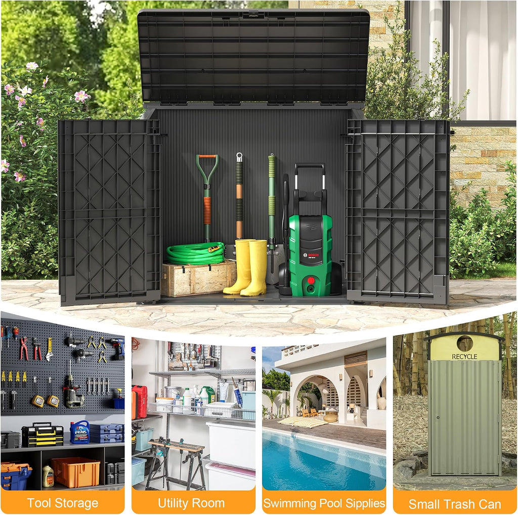 LHBcraft Outdoor Storage Cabinet 36 Cu Ft with Lockable Doors, Portable Horizontal Resin Storage Shed - Easy to Assemble, Waterproof Small Storage Shed with Floor Black