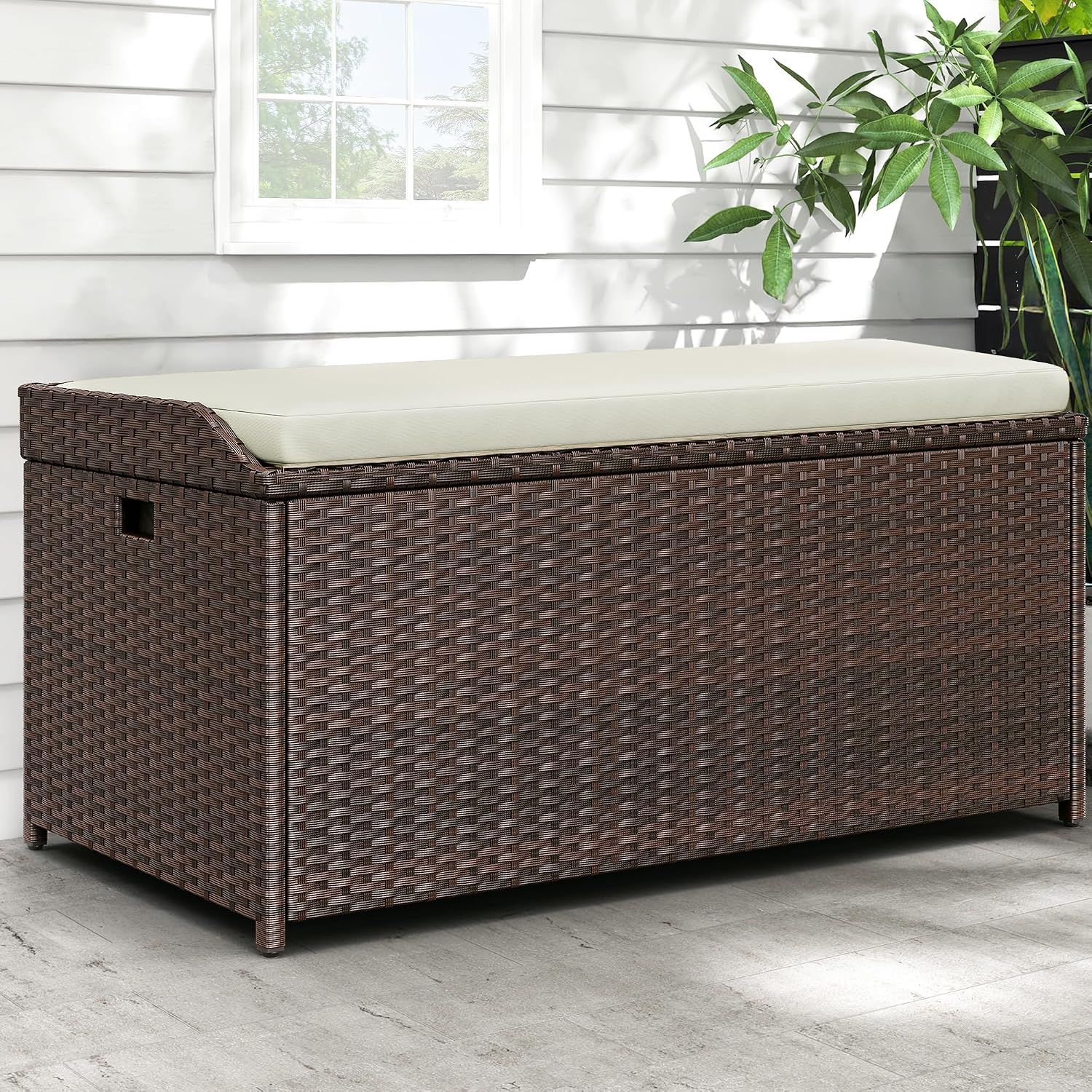 YITAHOME Outdoor Storage Bench, 70 Gallon PE Rattan Patio Storage Bench w/Handles and Soft Cushion,Outdoor Storage Box for Patio, Yard, Lawn, Garden