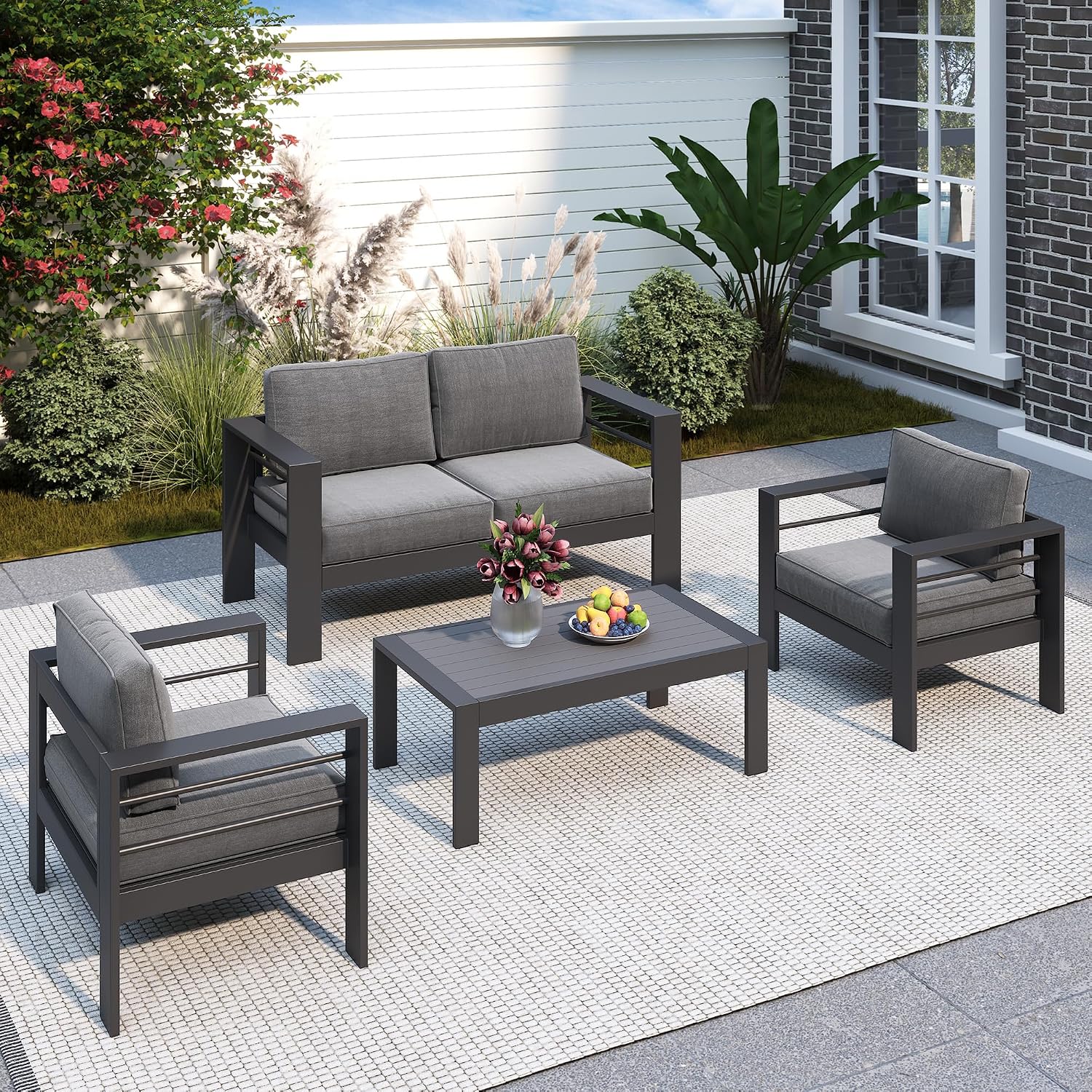 Solaste Aluminum Patio Furniture Set for All Weather, Oversized Metal Outdoor Furniture Set with 27.5' Deep Seating and 3.2' Wide Armrest, Outdoor Patio Conversation Sets with 10' Back Cushion, Gray