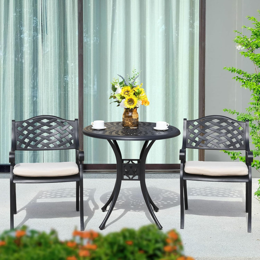 NUU GARDEN 3 Pieces Outdoor Patio Bistro Set, Cast Aluminum Patio Set with Umbrella Hole All-Weather Small Patio Table and Chairs for Balcony, Patio, Black and Beige Cushion