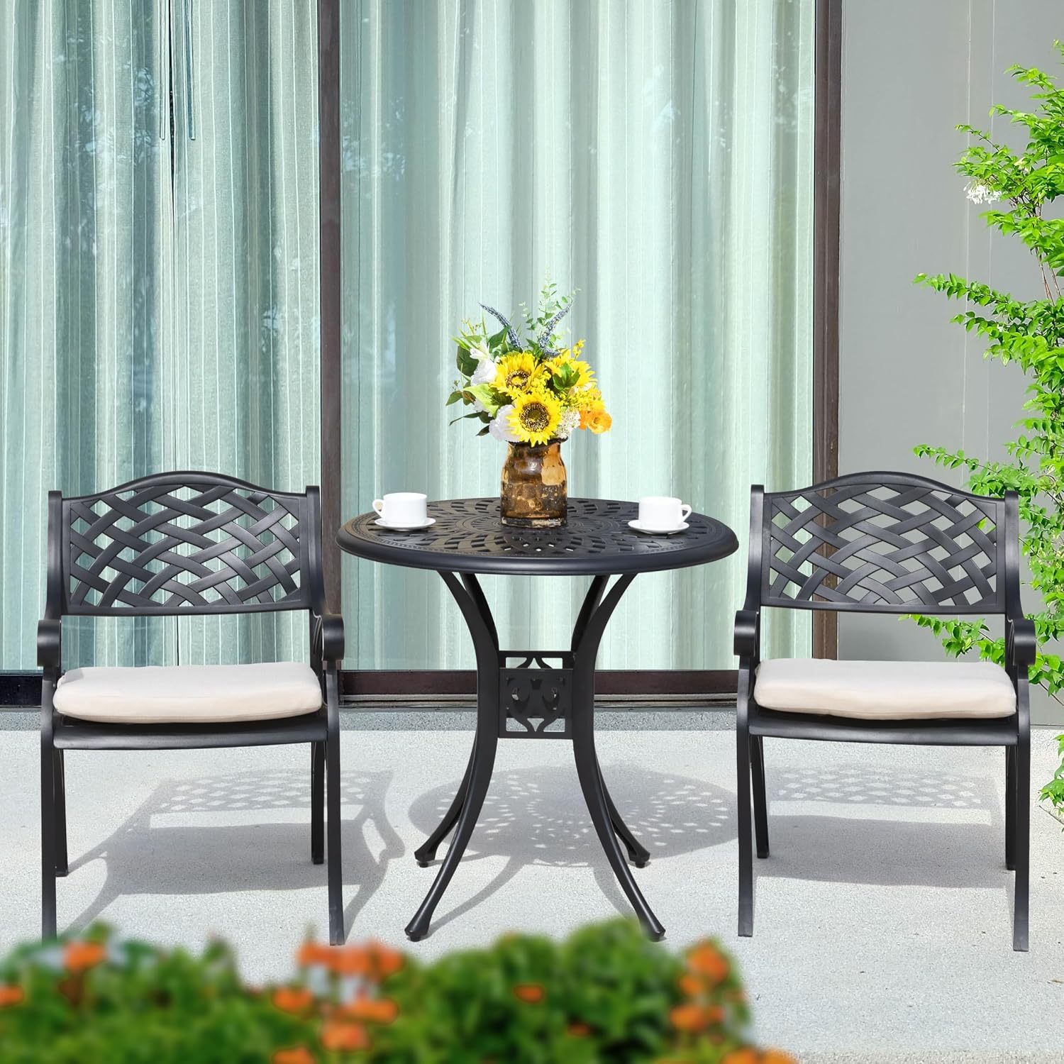 NUU GARDEN 3 Pieces Outdoor Patio Bistro Set, Cast Aluminum Patio Set with Umbrella Hole All-Weather Small Patio Table and Chairs for Balcony, Patio, Black and Beige Cushion