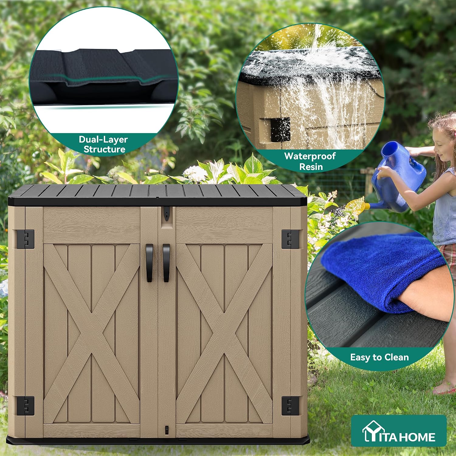 YITAHOME Outdoor Horizontal Storage Shed with X-Shaped Lockable Door, 35 Cu Ft Weatherproof Resin Tool Shed w/o Shelf, Ideal for Bike, Trash Cans, Garden Tools, Lawn Mowers, Brown