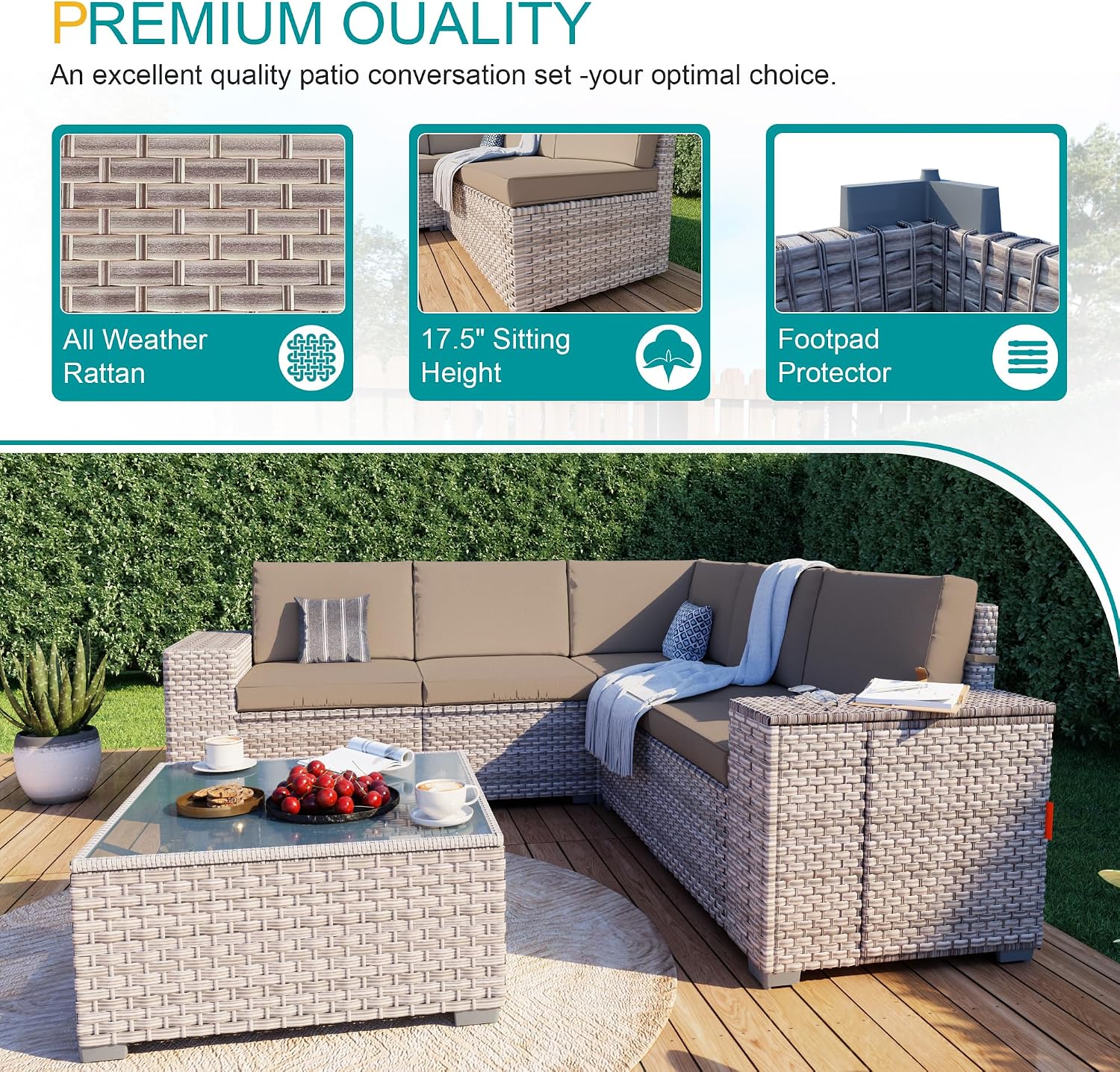 12-Piece Patio Furniture Set, Outdoor Extra Wide Armrest Modular Patio Sofa, Dual-Strand Rattan Wicker, Rust-Resistant Frame, Backyard High Back, Large Seat Furniture for Porch Garden Balcony, Khaki