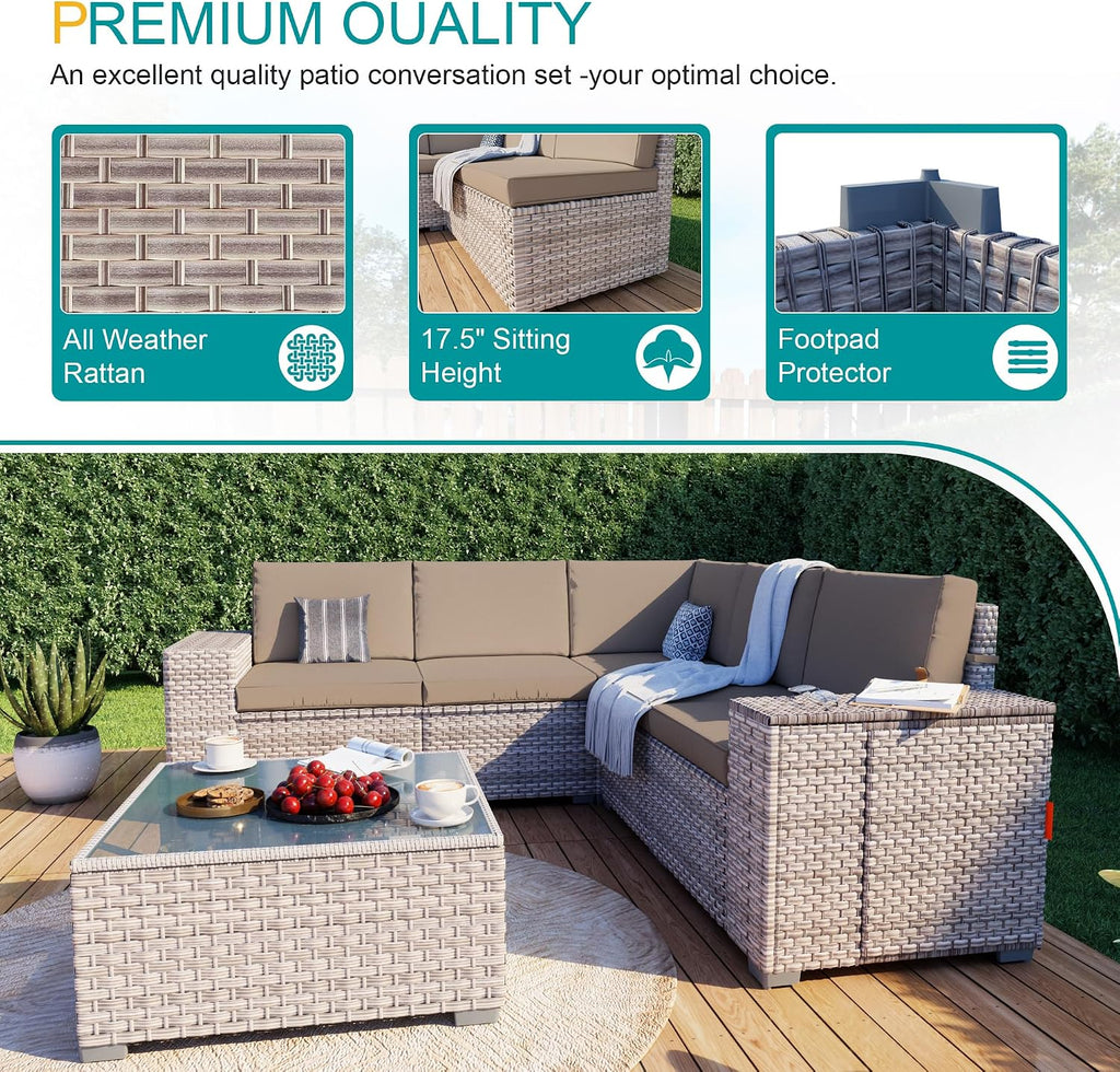 7-Piece Patio Furniture Set, Outdoor Extra Wide Armrest Modular Patio Sofa with Fire Pit Table, Dual-Strand Rattan Wicker High Back Large Seat Furniture for Backyard Porch Garden Balcony, Khaki