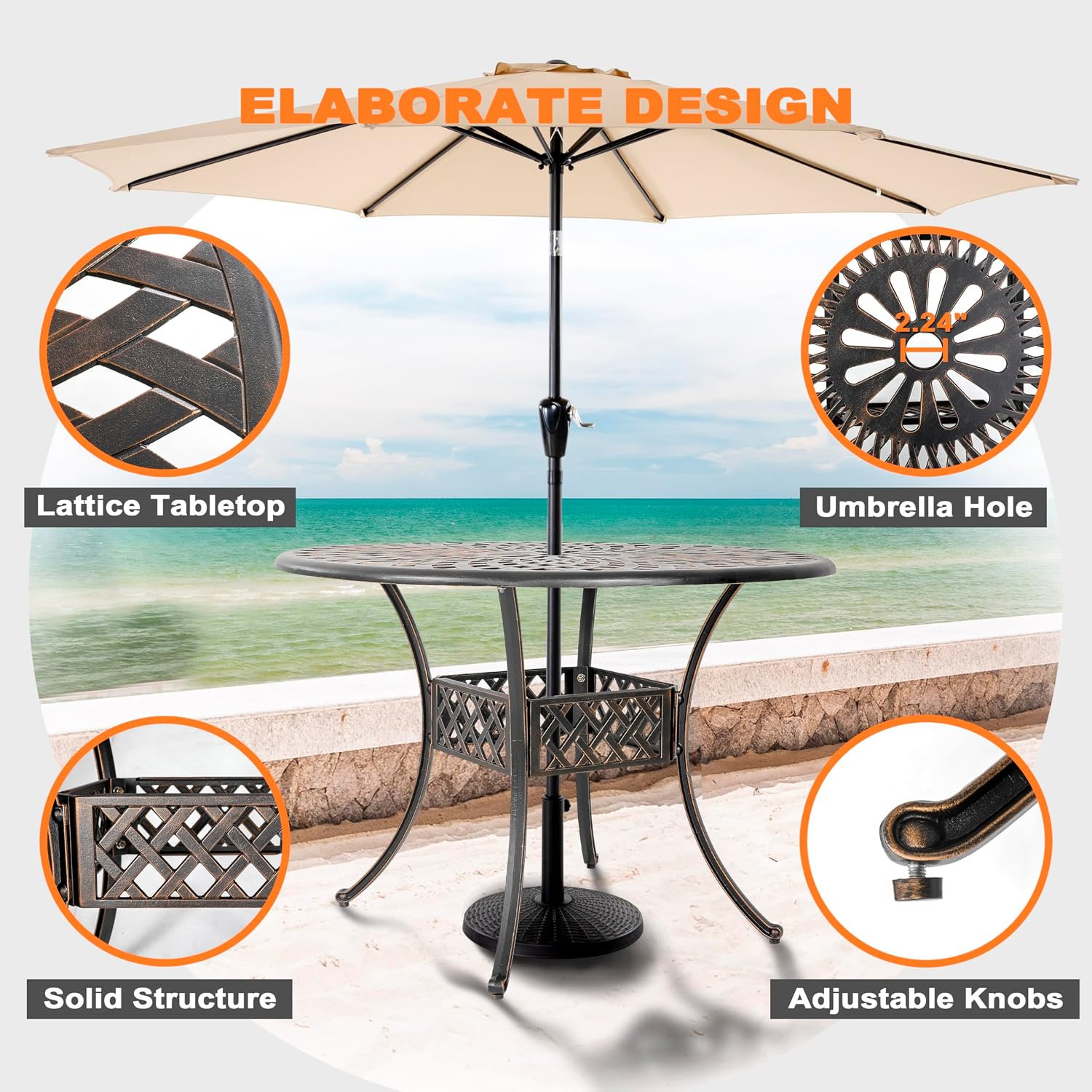 NUU GARDEN 5 Piece Outdoor Patio Dining Set, Cast Aluminum Round Dining Table with Umbrella Hole and Patio Dining Chairs for Patio, Garden, Backyard, Balcony, Black with Bronze Edge