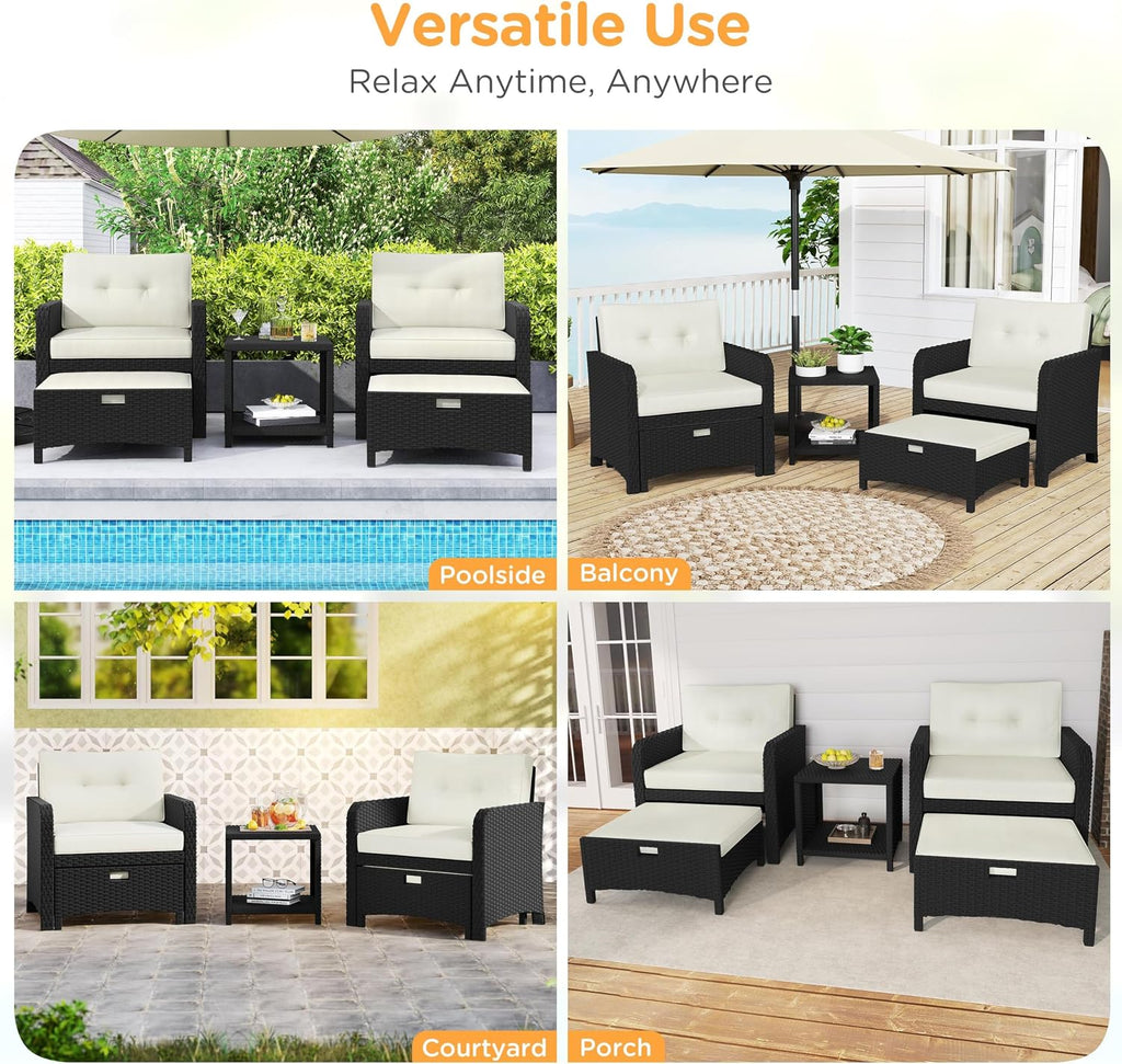 Yaheetech 5 Piece Patio Conversation Set with Ottomans, PE Wicker Balcony Furniture, Rattan Lounge Sofa with Cushions & Pillows, 2 Chairs & Side Table for Backyard, Porch, Garden, Black/Beige