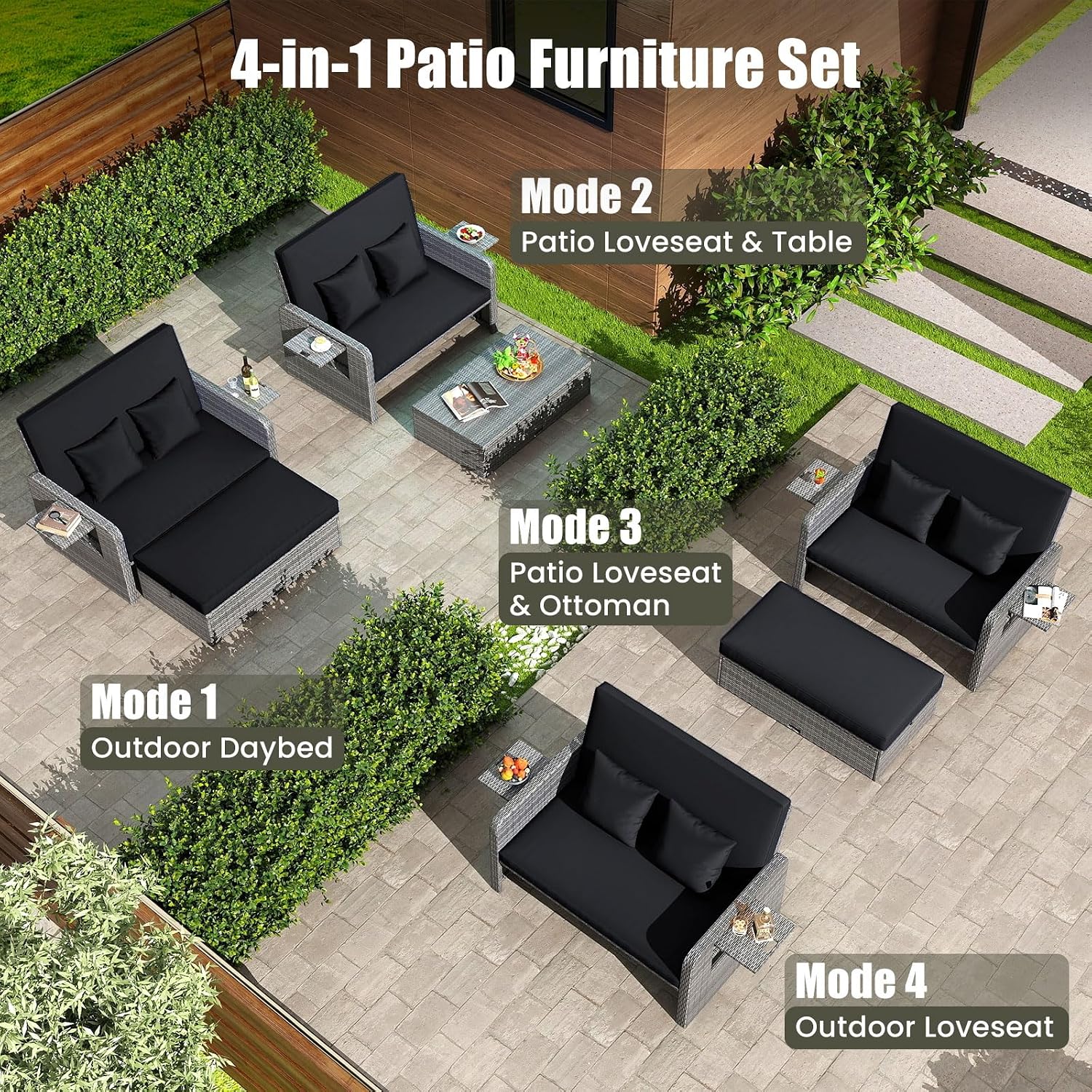 Tangkula Patio Rattan Daybed with 4-Level Adjustable Backrest, Outdoor PE Wicker Loveseat with Storage Ottoman & Folding Side Table, Double Sunbed for Balcony, Backyard & Poolside, Black & Grey